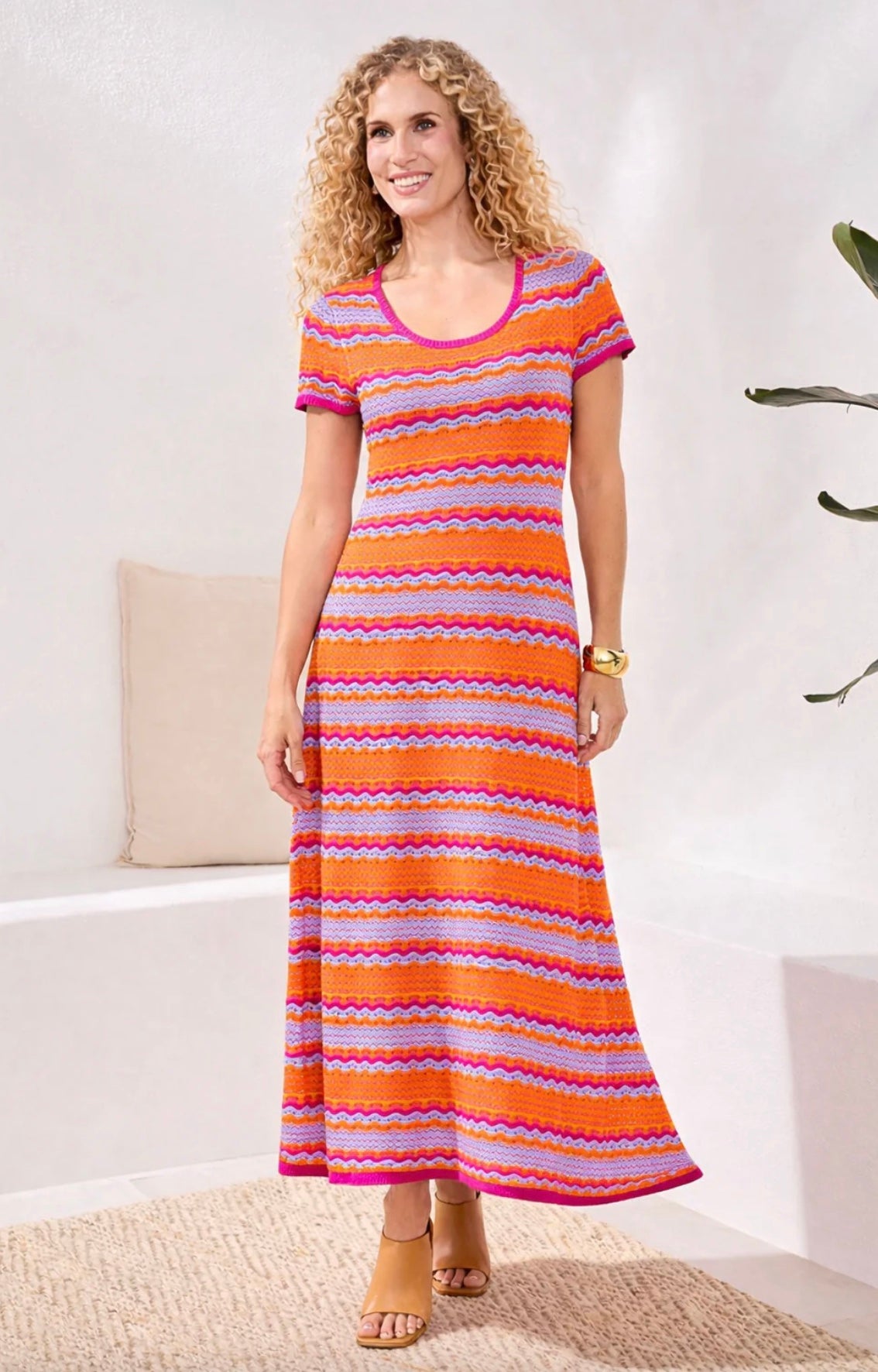 Tribal Sunset Sorbet Textured Scoop Neck Maxi Dress