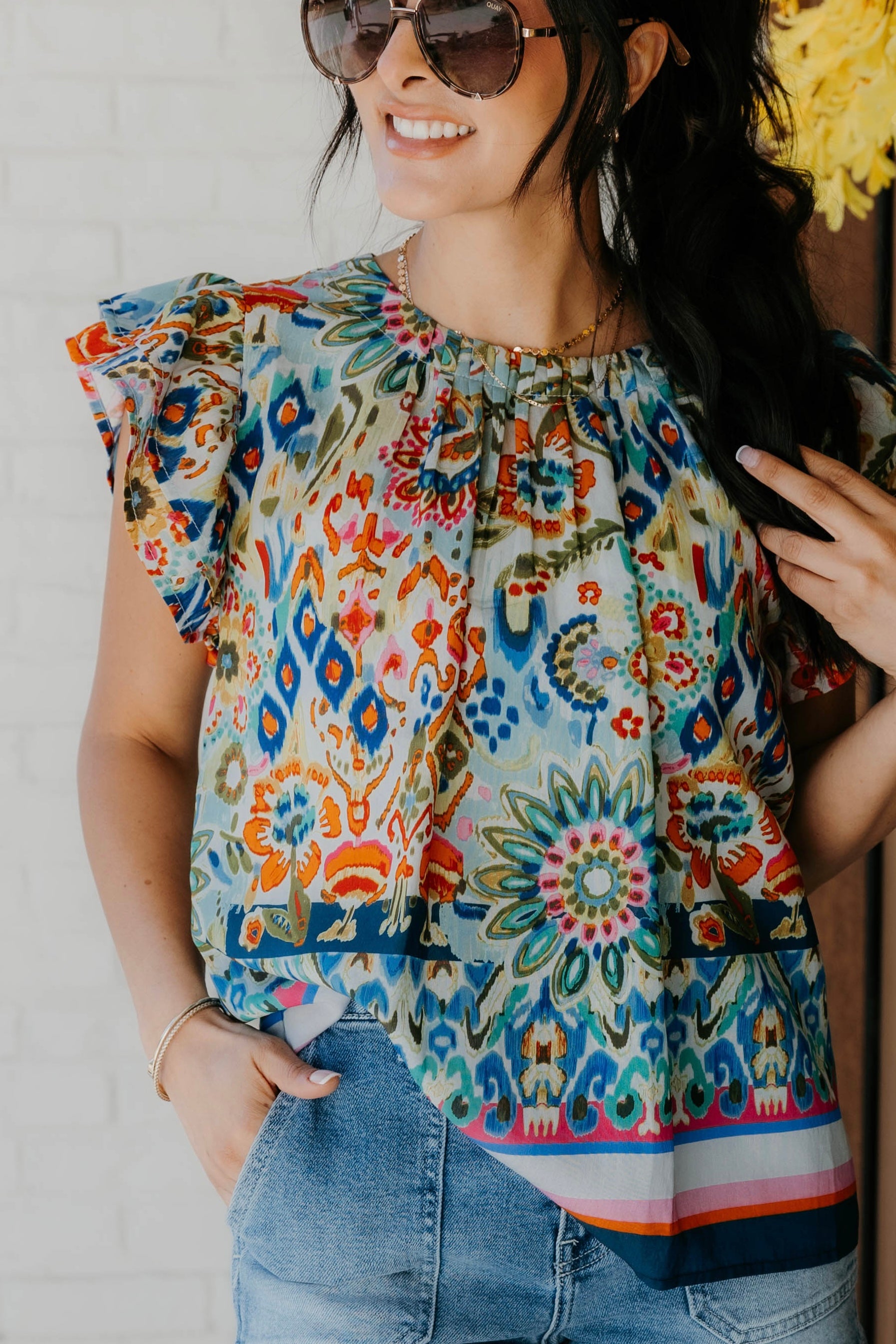 Elora Flutter Sleeve Floral Print Top