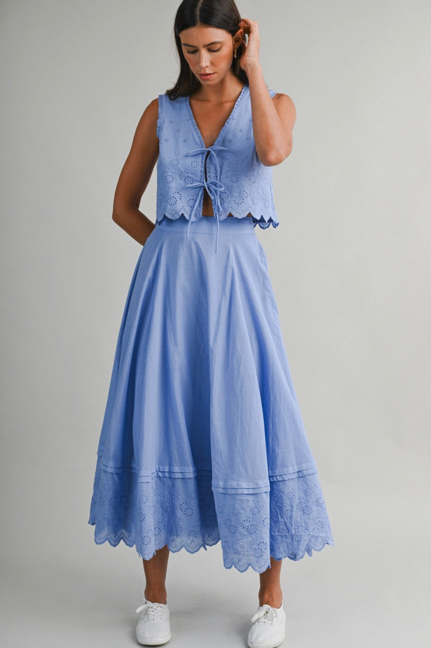 Delaney Eyelet Embroidered Crop Top And Midi Skirt Set