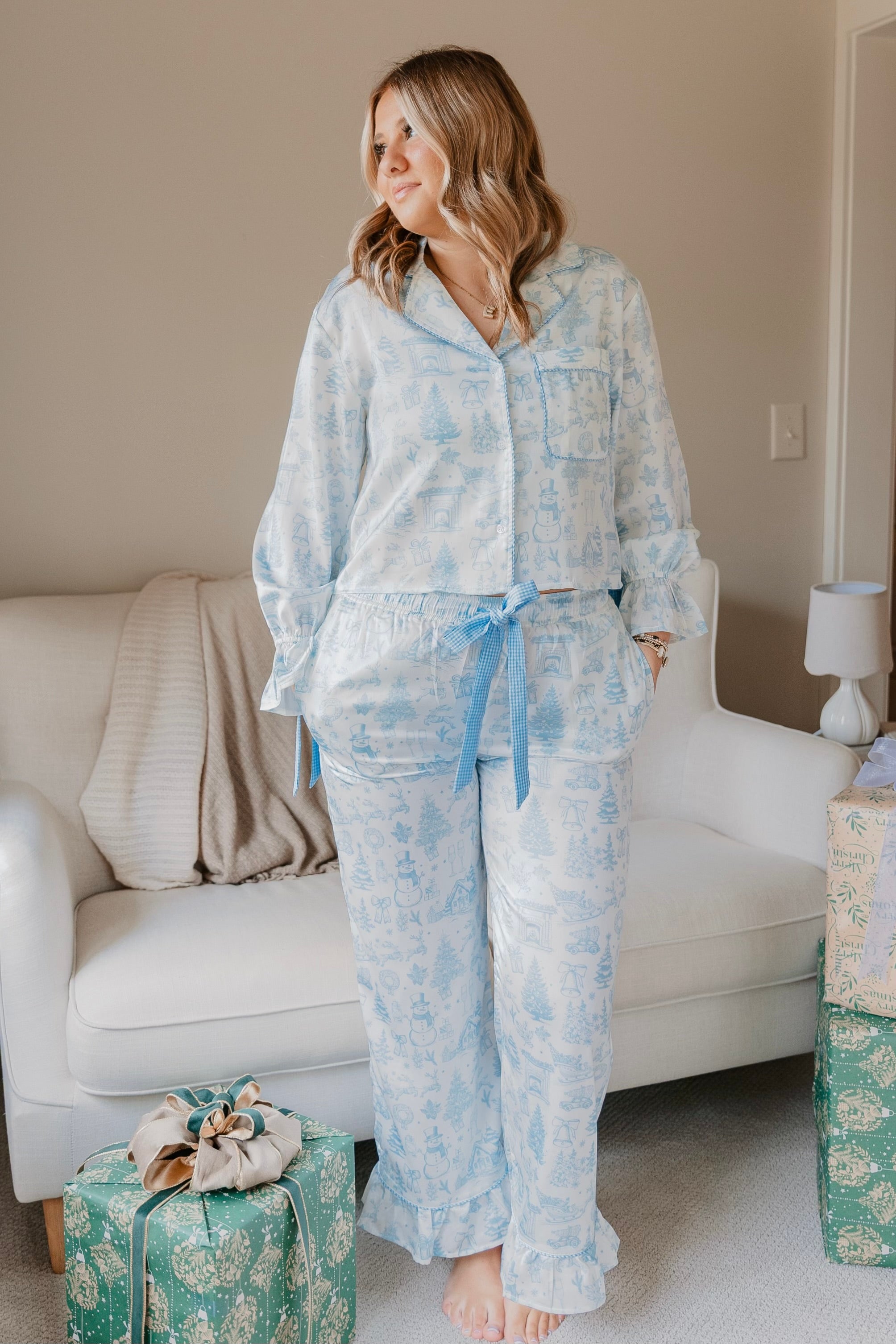 Christmas Toile Satin Pajama Set w/ Ribbon Detail