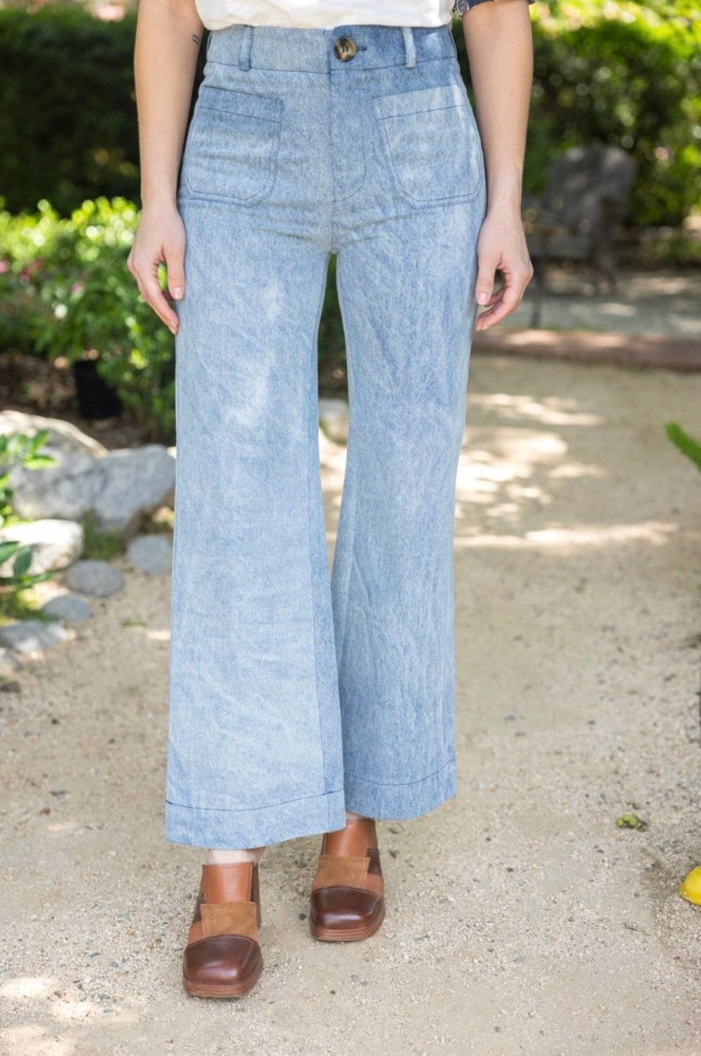 Floral Embroidered Washed Denim Wide Leg Pants