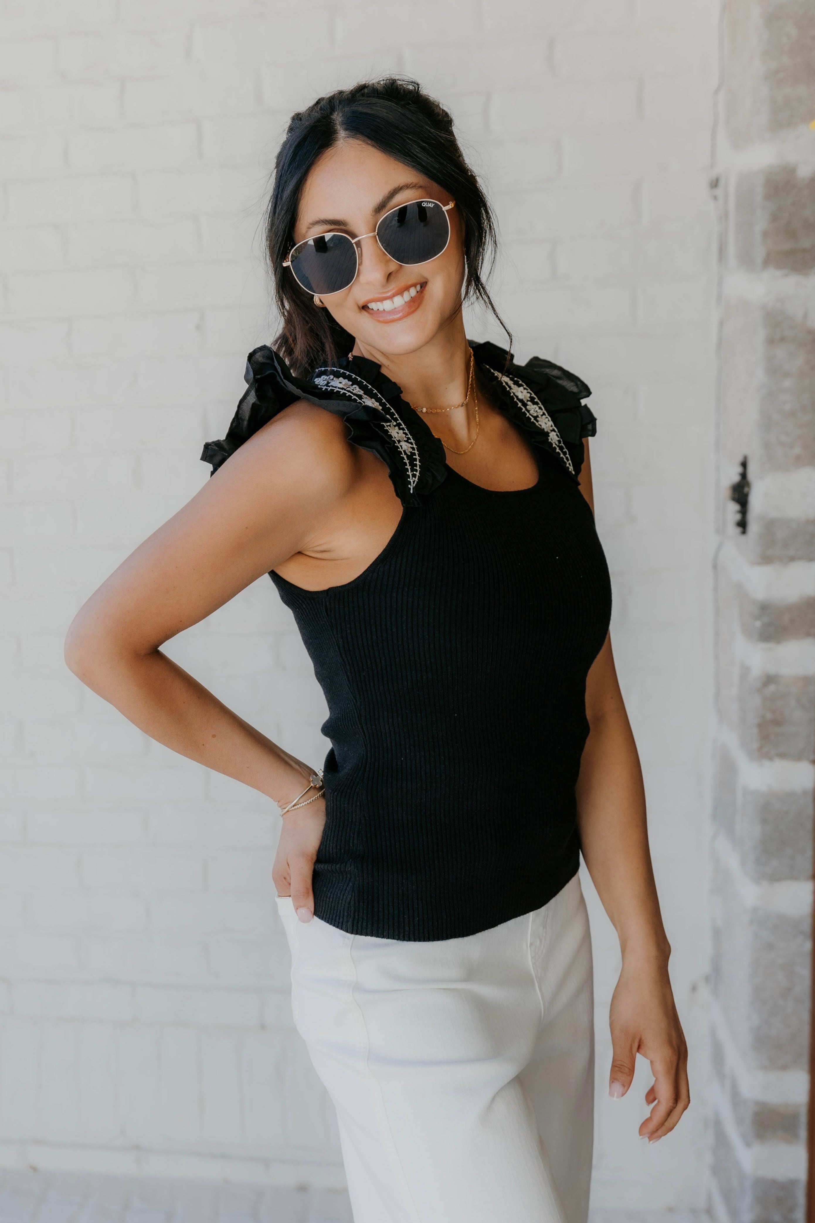 Colette Embroidered Ruffle Sleeve Top