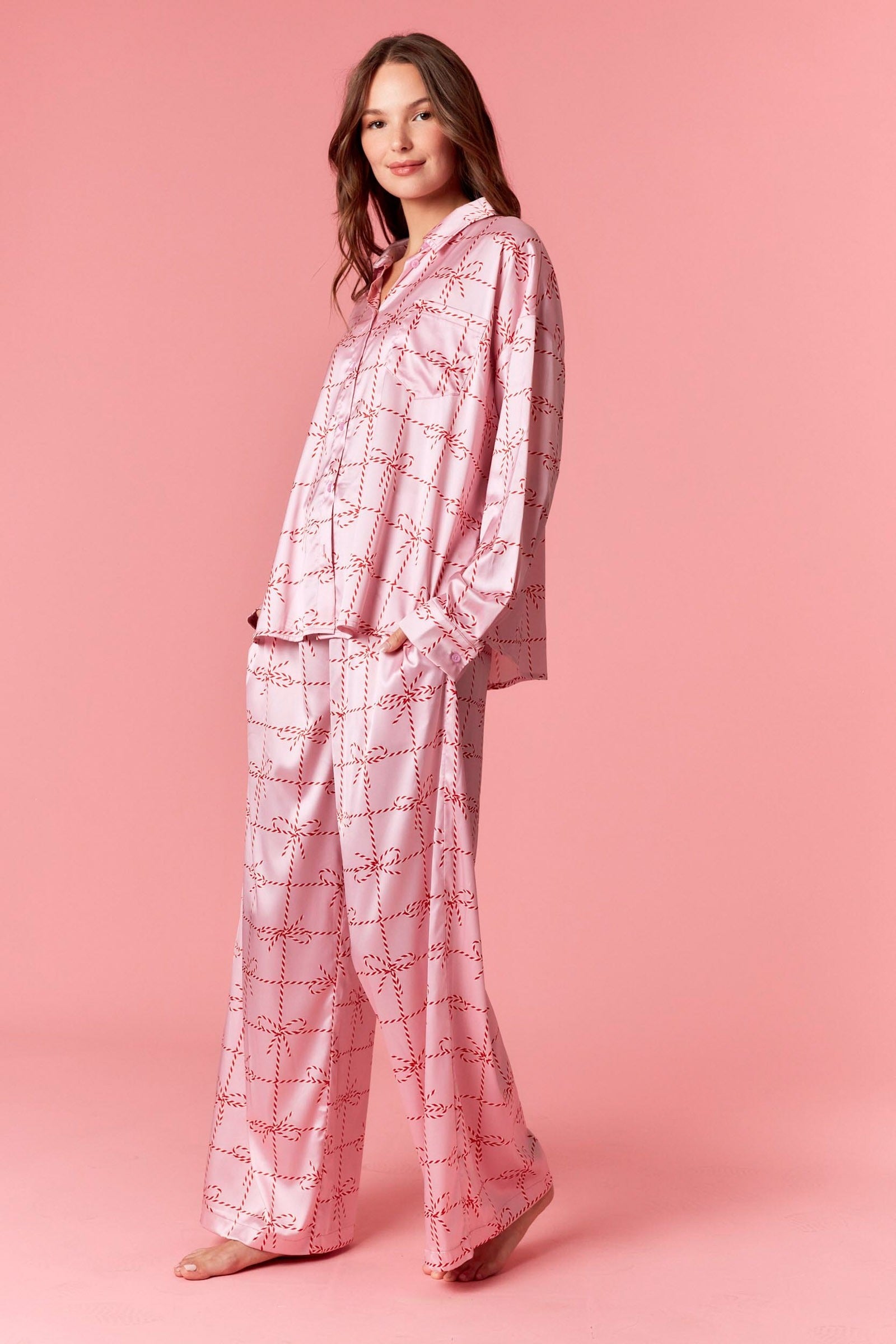 Festive Christmas Bow Satin Pajama Set