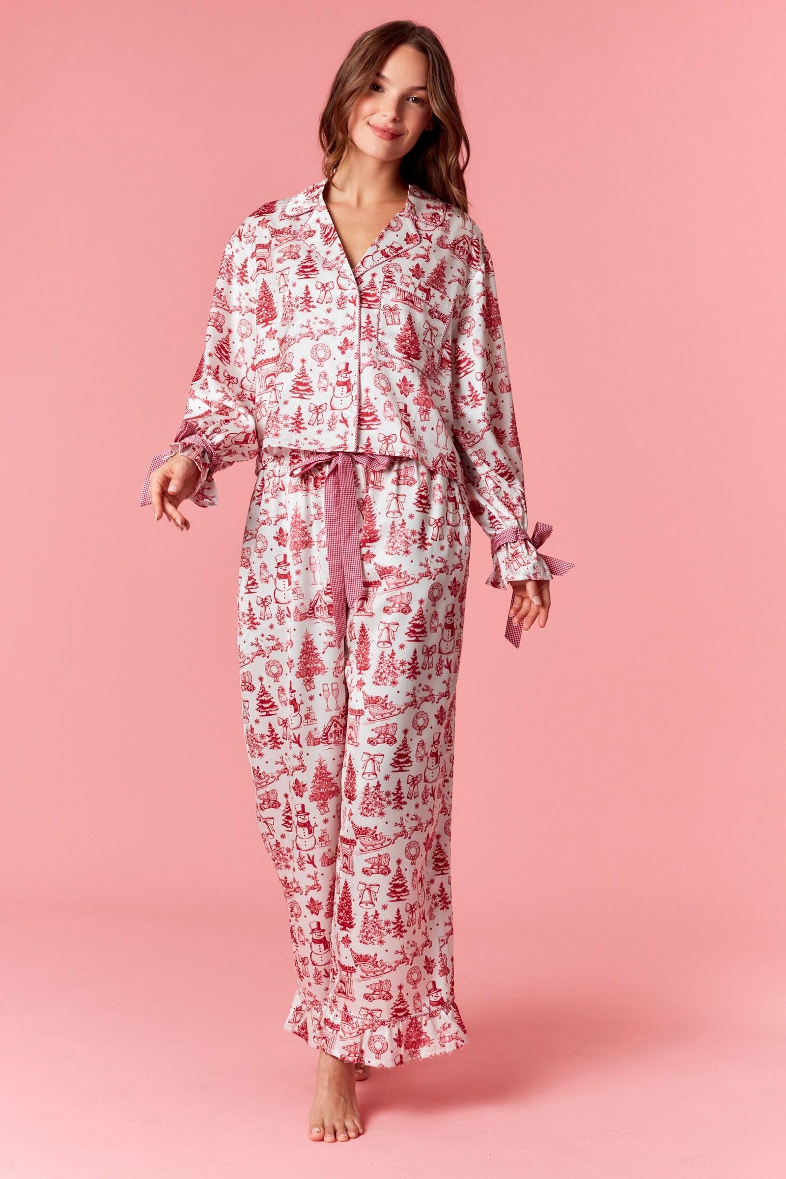 Christmas Toile Satin Pajama Set w/ Ribbon Detail