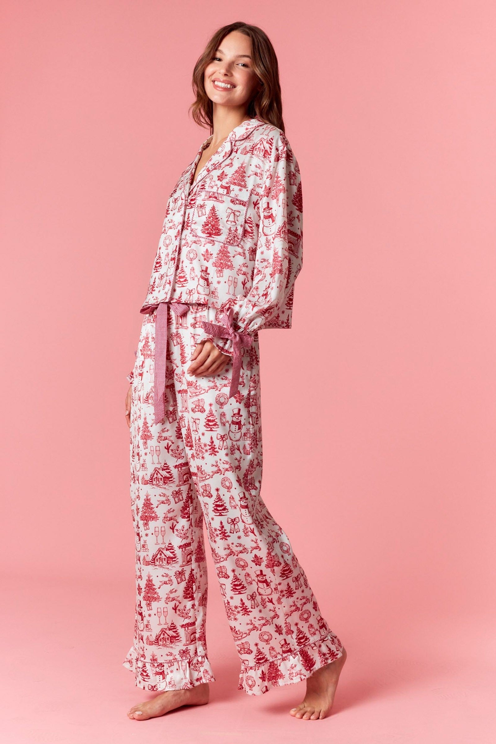 Christmas Toile Satin Pajama Set w/ Ribbon Detail