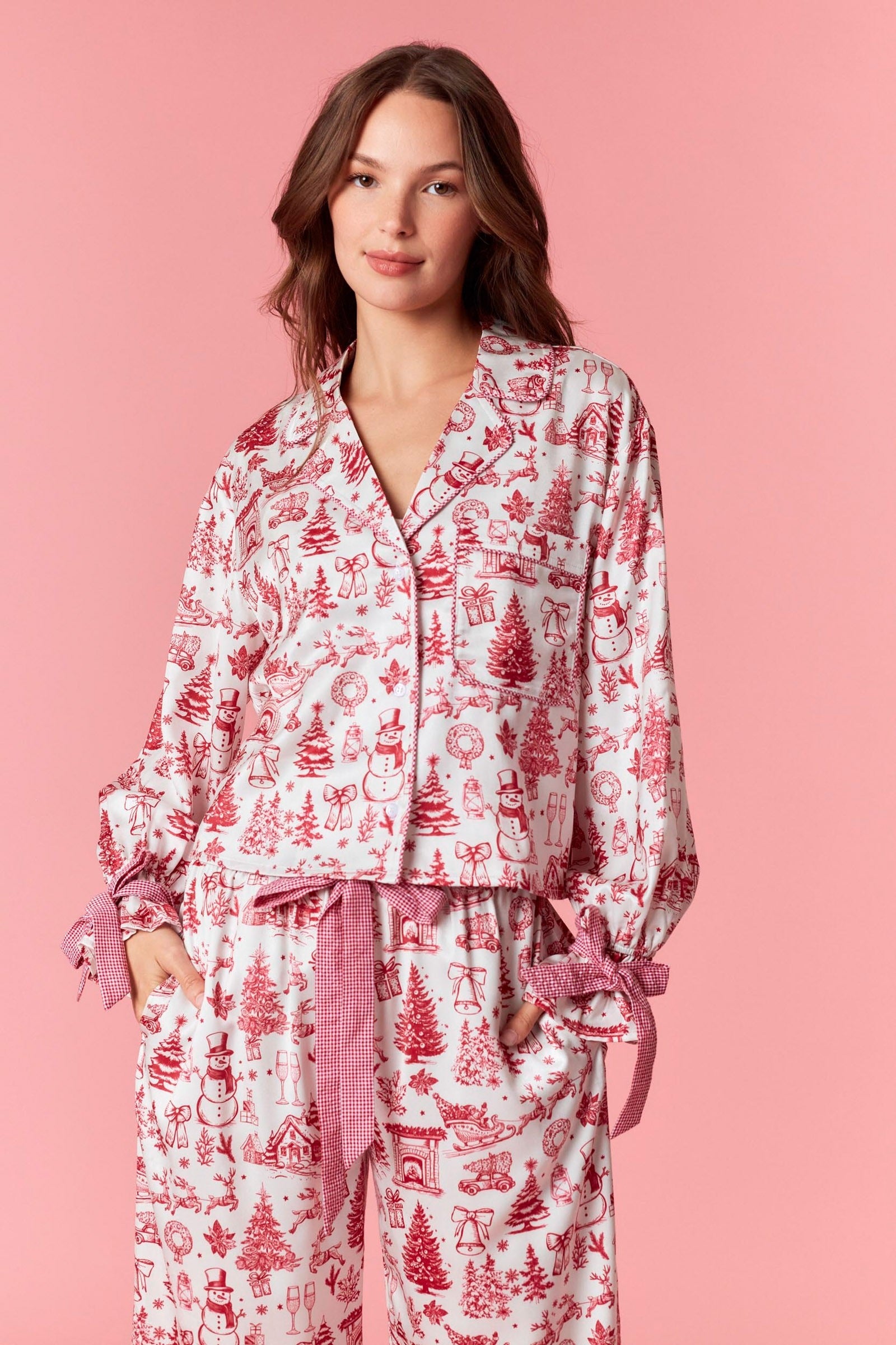 Christmas Toile Satin Pajama Set w/ Ribbon Detail