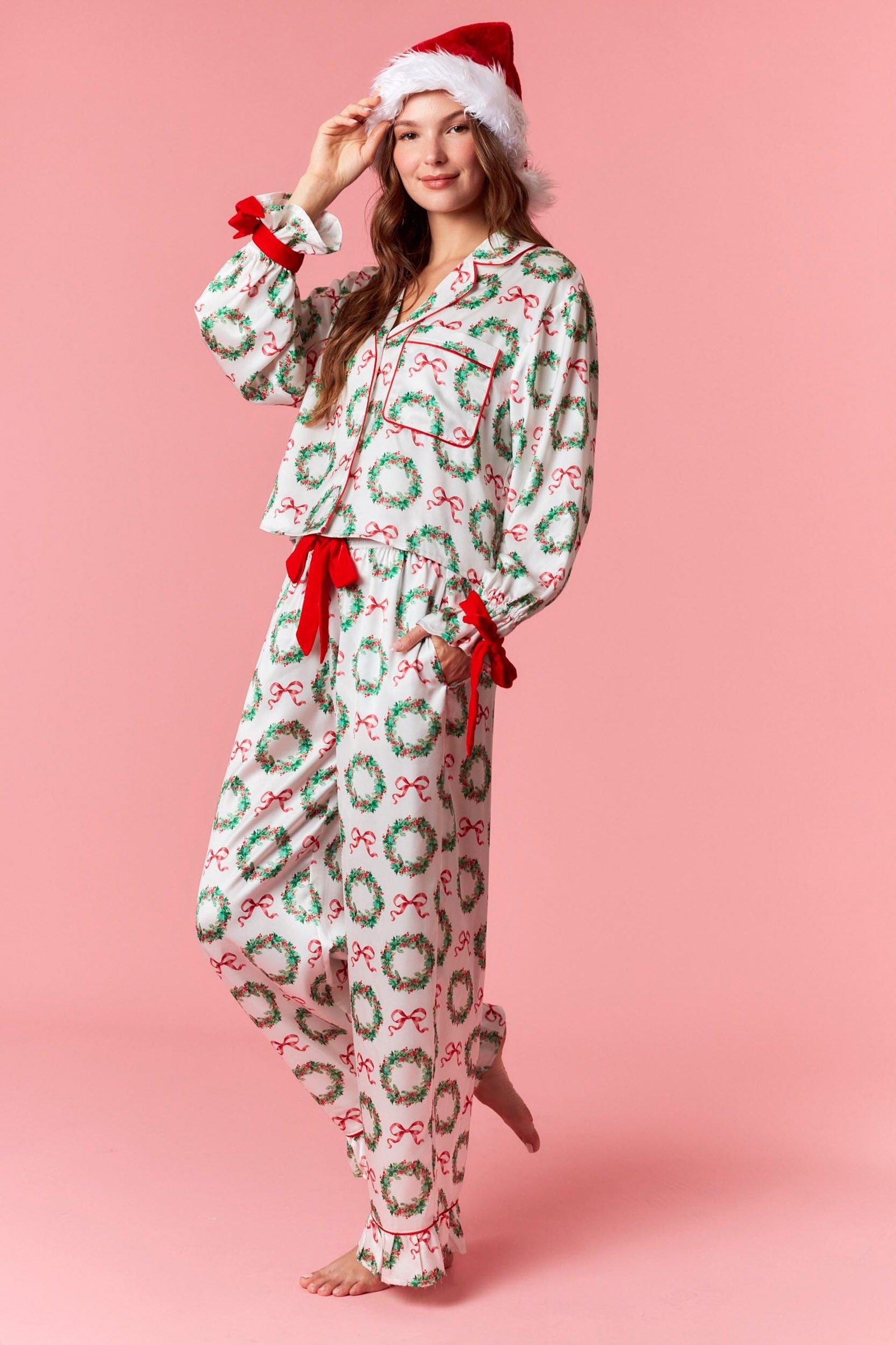Christmas Wreaths Satin Pajama Set w/ Ribbon Detail