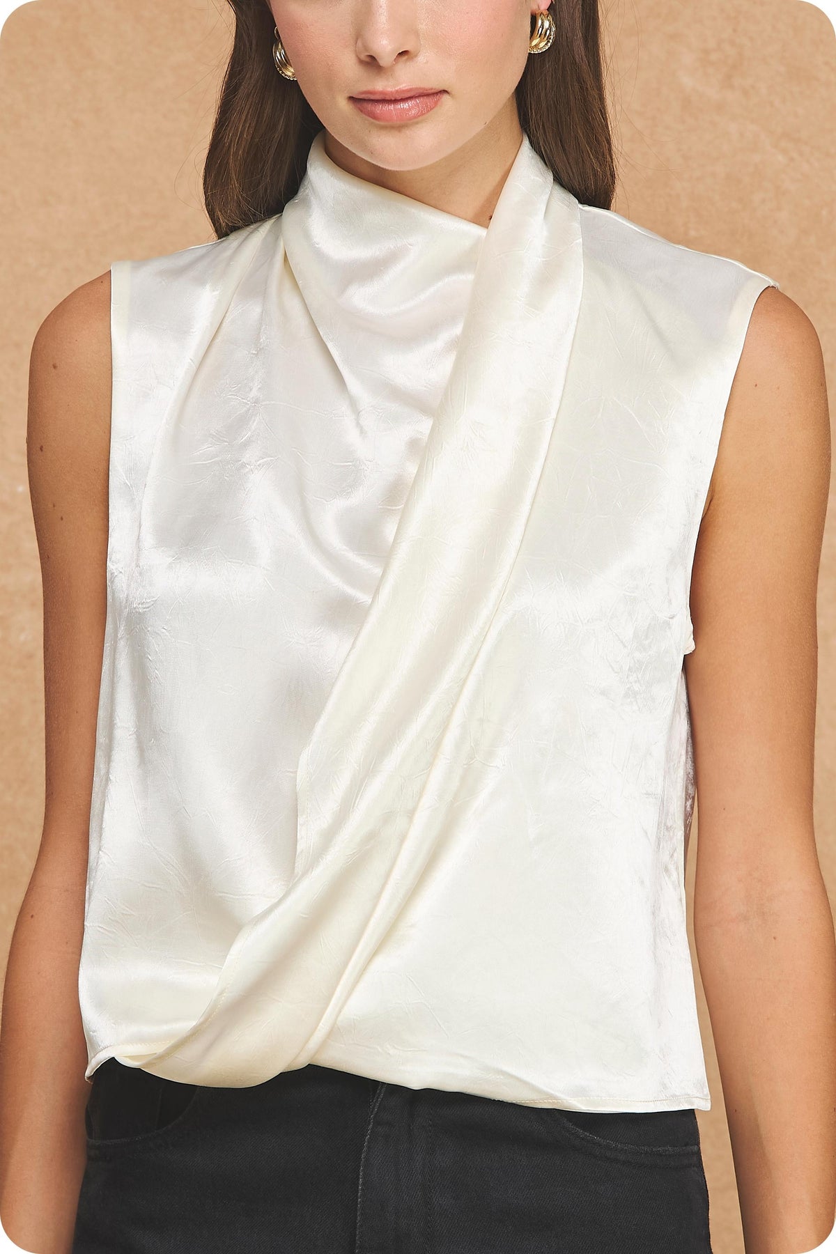 Textured Satin Wrap Top in Cream