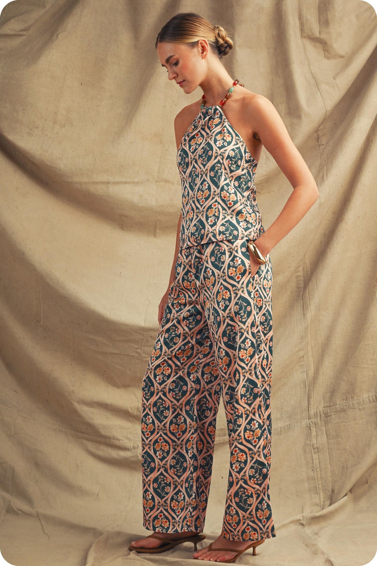 Floral Trellis Halterneck Top & Pants Set in Emerald Multi