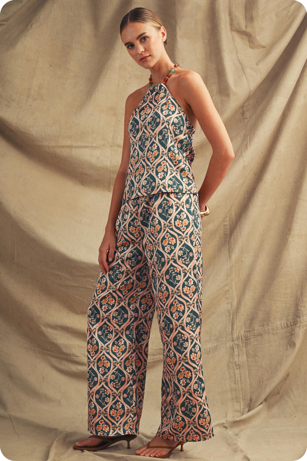 Floral Trellis Halterneck Top & Pants Set in Emerald Multi