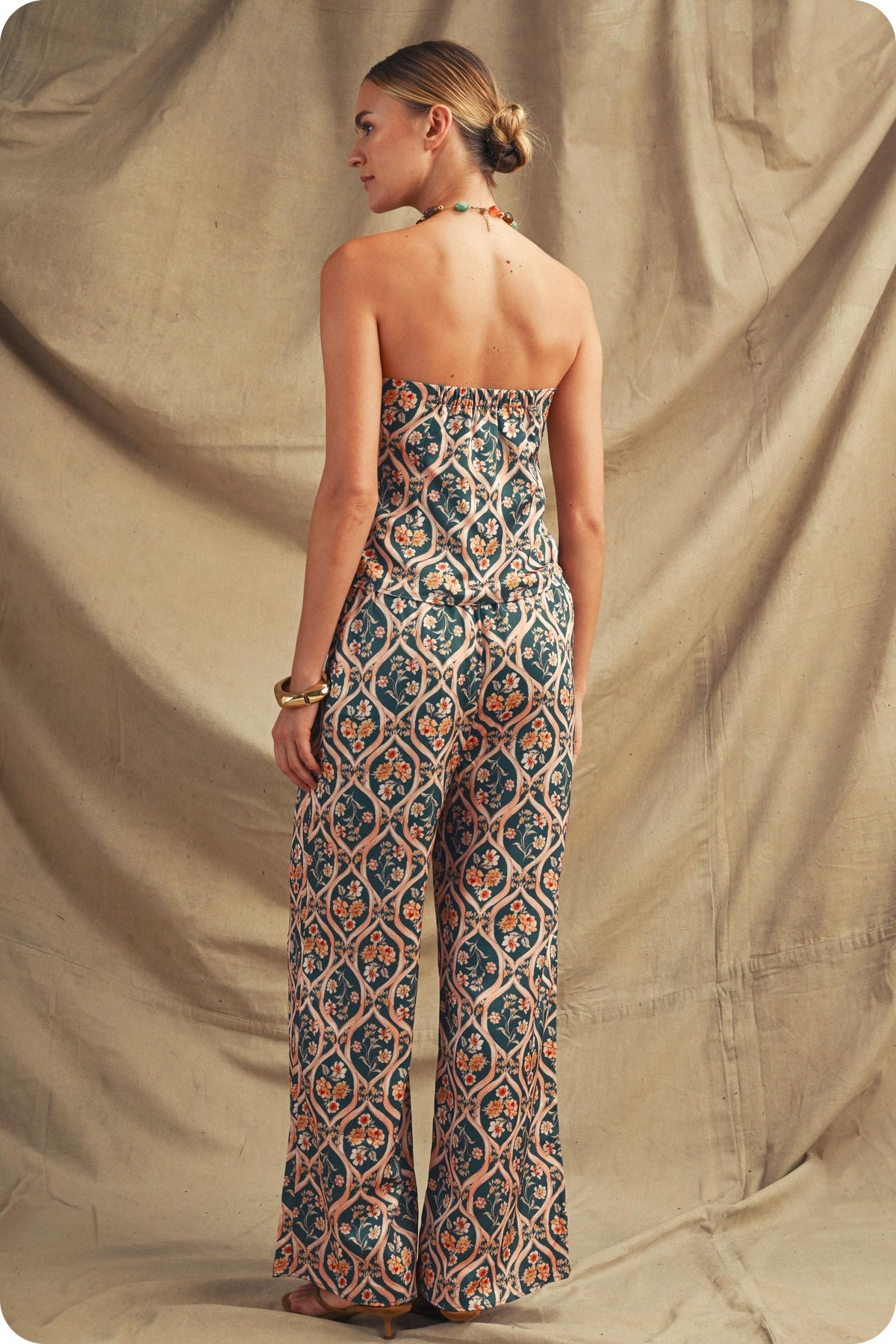 Floral Trellis Halterneck Top & Pants Set in Emerald Multi