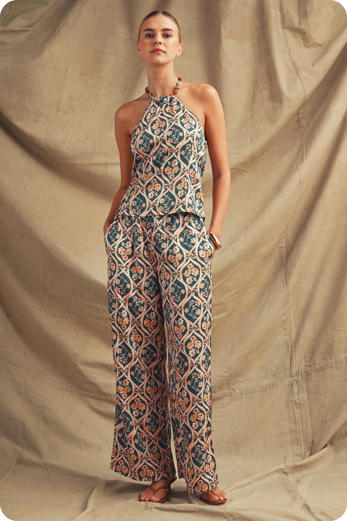 Floral Trellis Halterneck Top & Pants Set in Emerald Multi