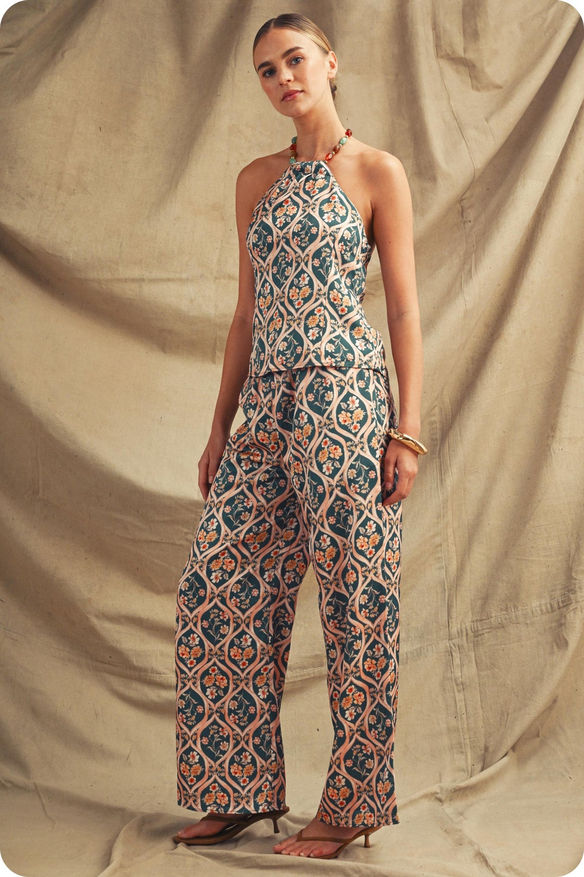 Floral Trellis Halterneck Top & Pants Set in Emerald Multi