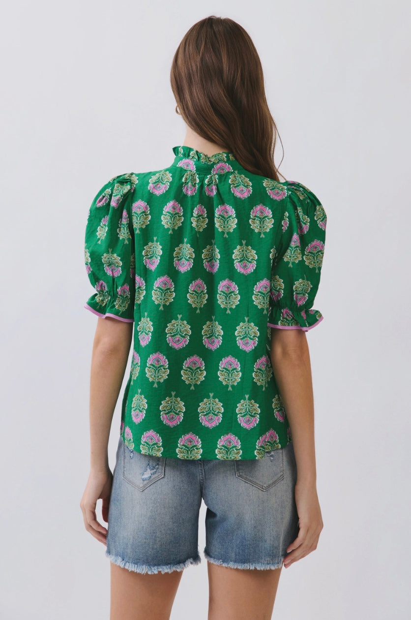 Amy Floral Block Ruffle Puff Sleeve Top