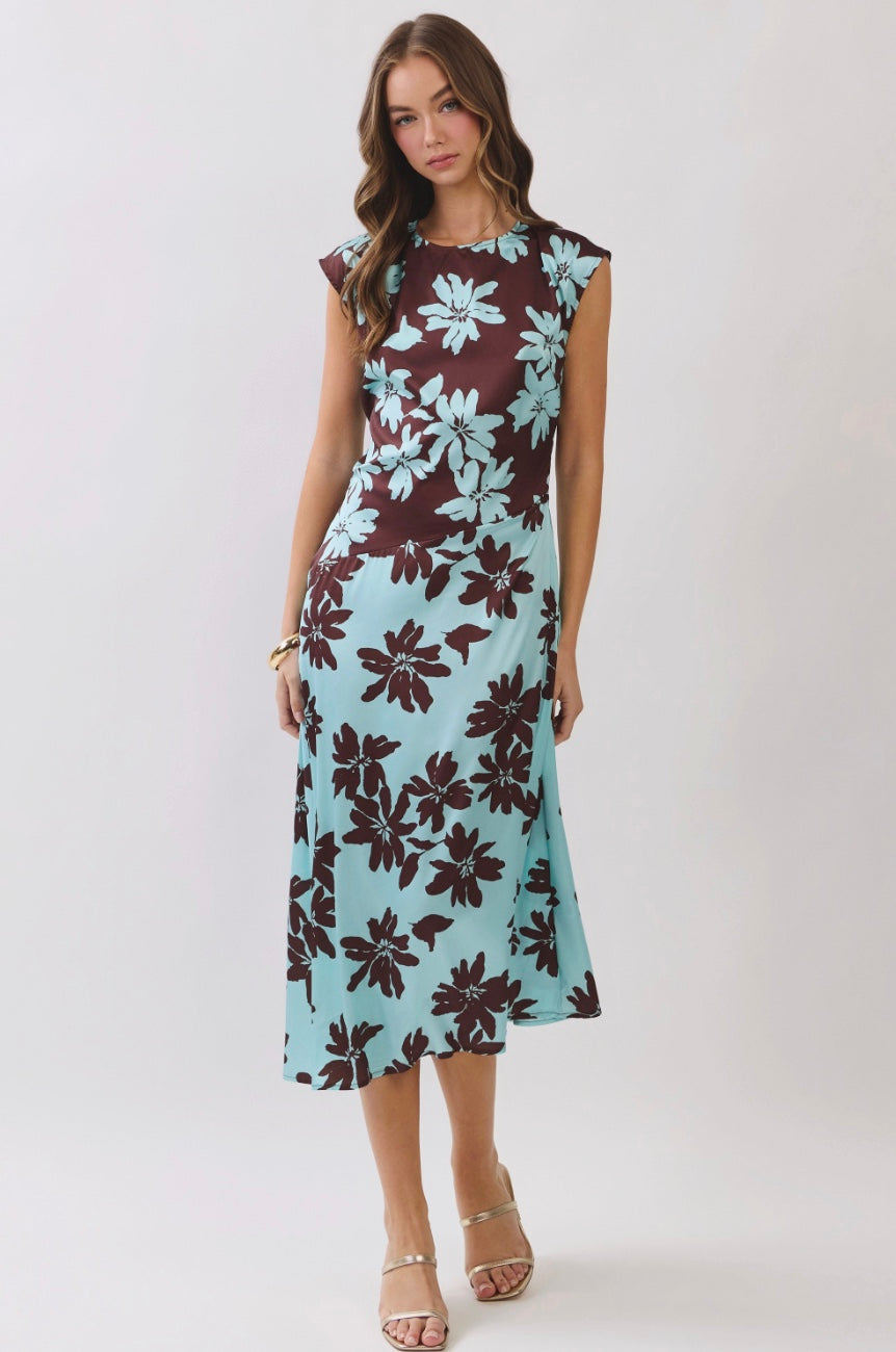Mocha Blossom Asymmetrical Midi Dress