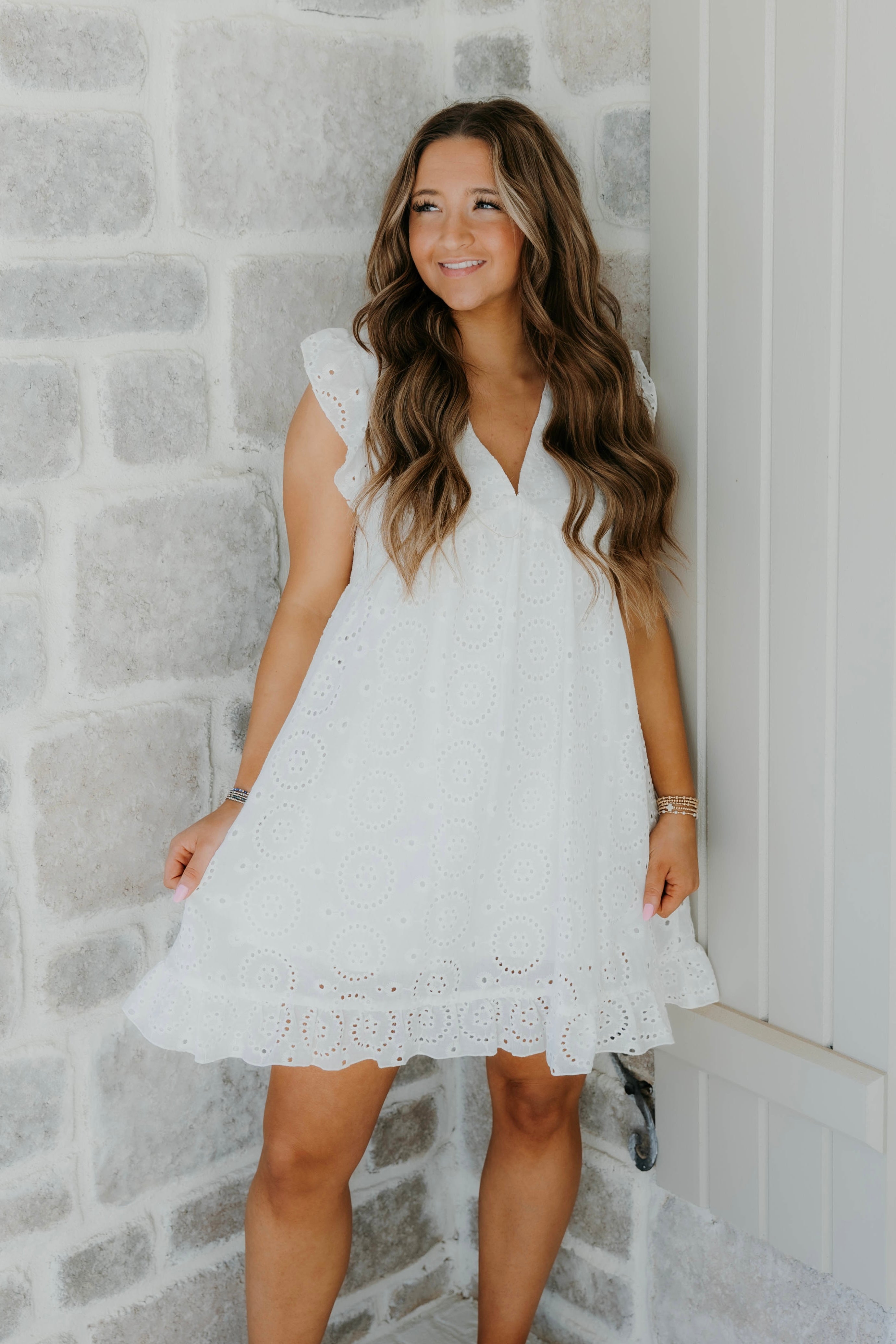 Maddison Flutter Sleeve Eyelet Mini Dress