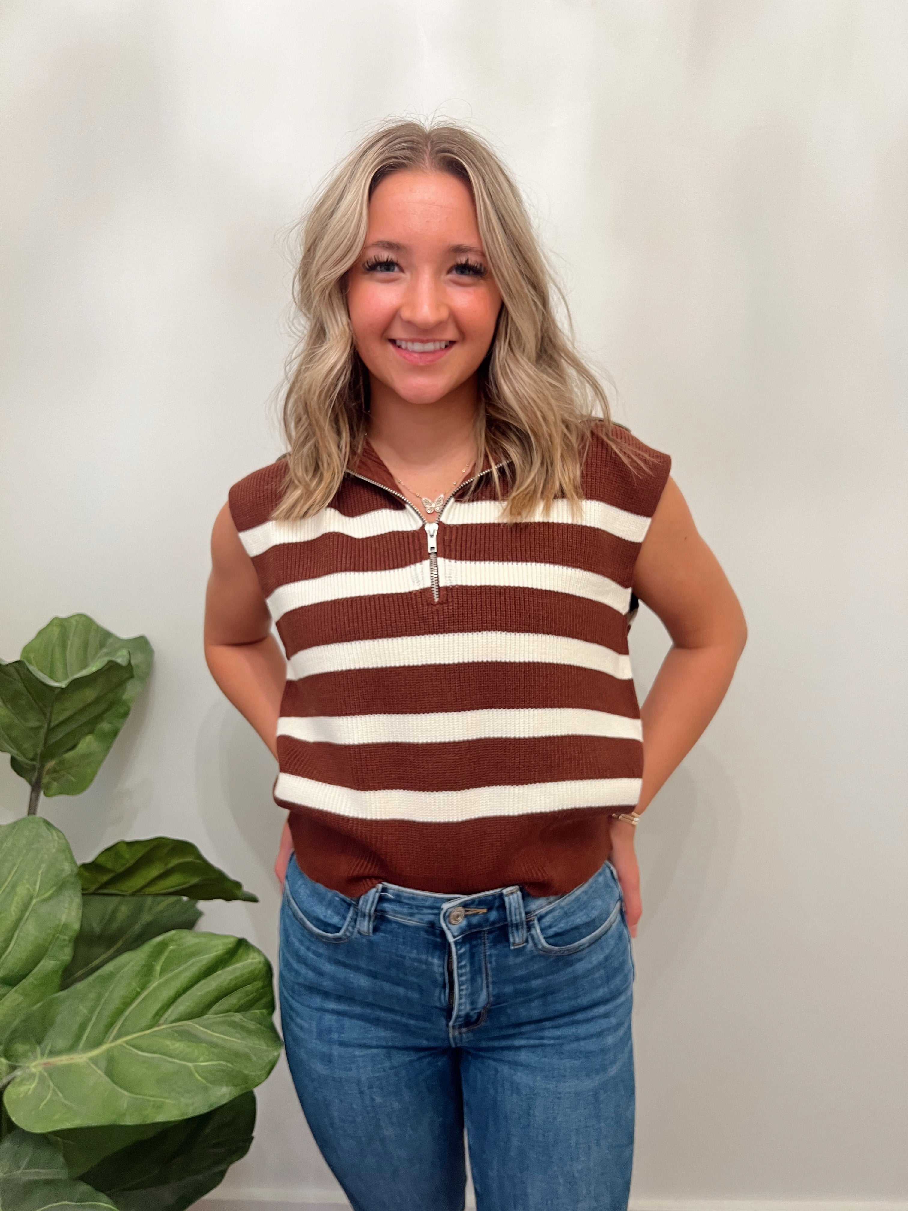 Mariam Striped Zip Up Sweater Tank