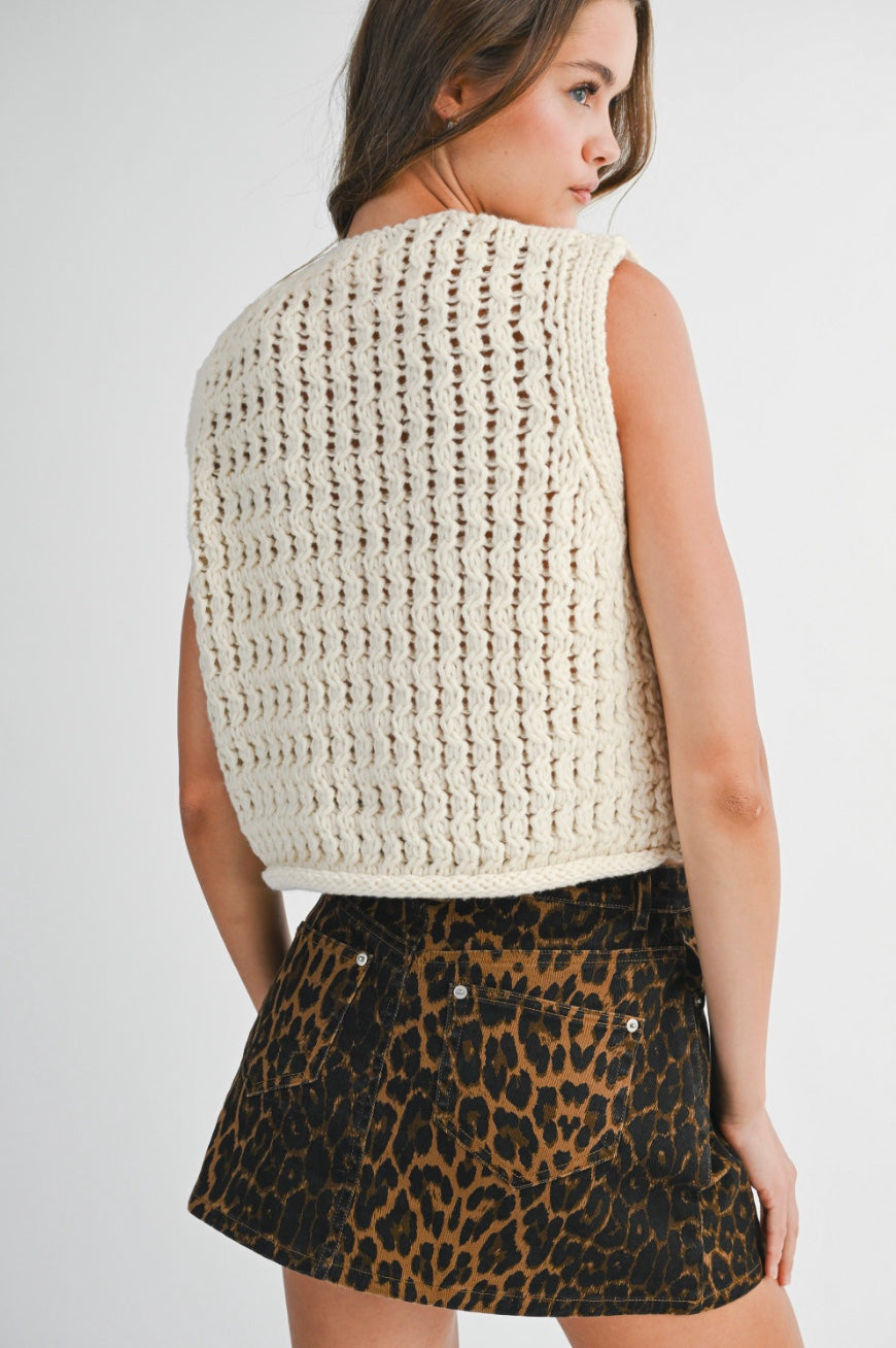Sutton Chunky Openwork Knit Gold Button Down Vest