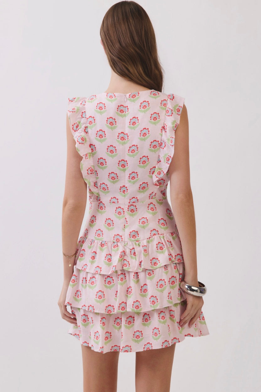 Hannah Floral Lace Trim Ruffle Tiered Mini Dress