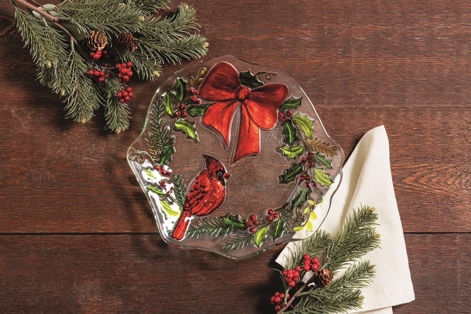 Fused Glass Cardinal Wreath Plate