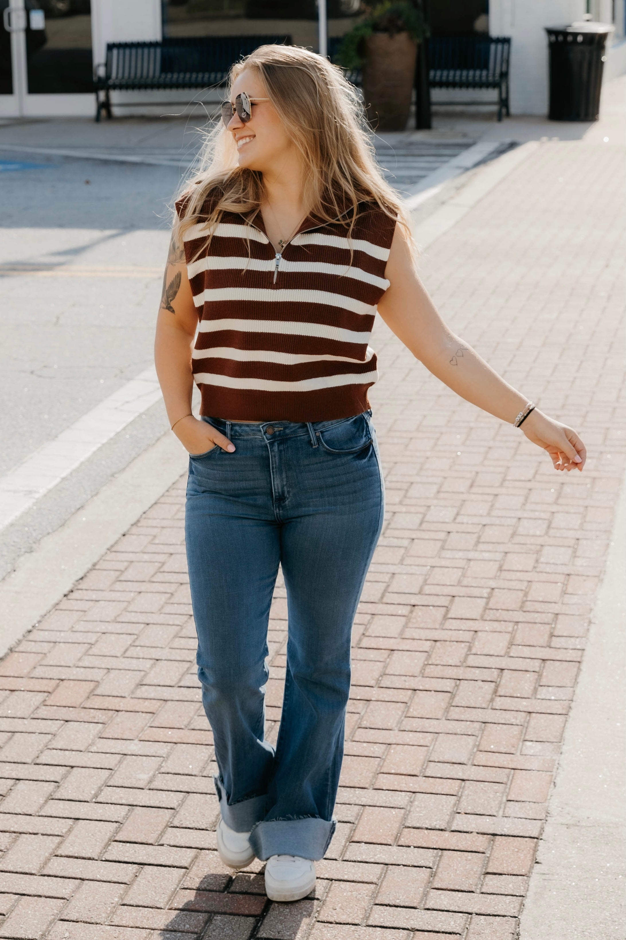 Mariam Striped Zip Up Sweater Tank