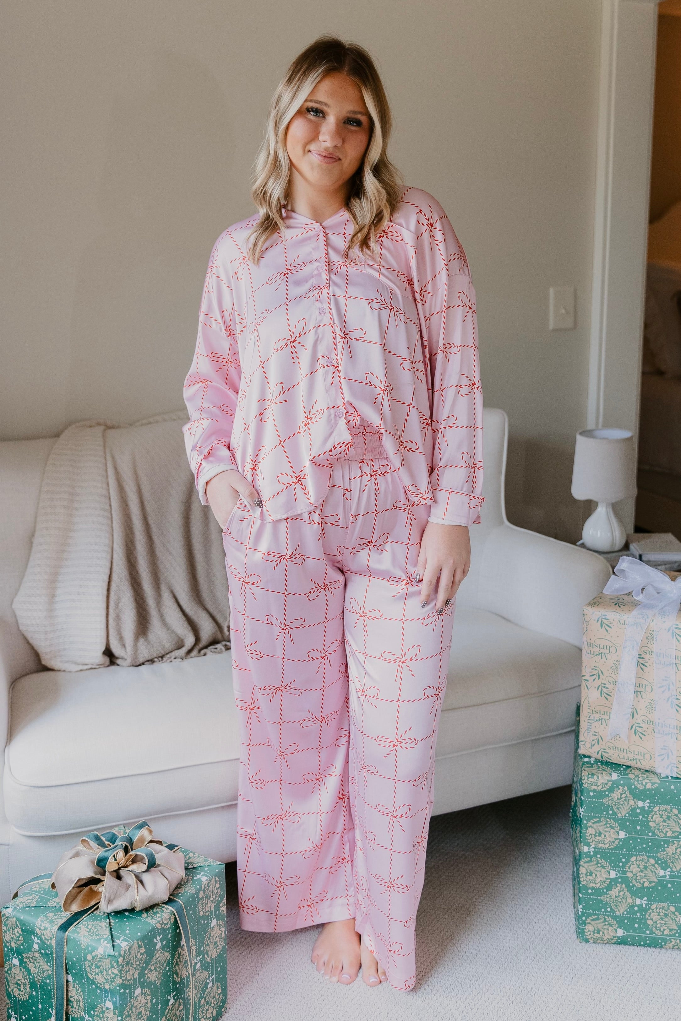 Festive Christmas Bow Satin Pajama Set