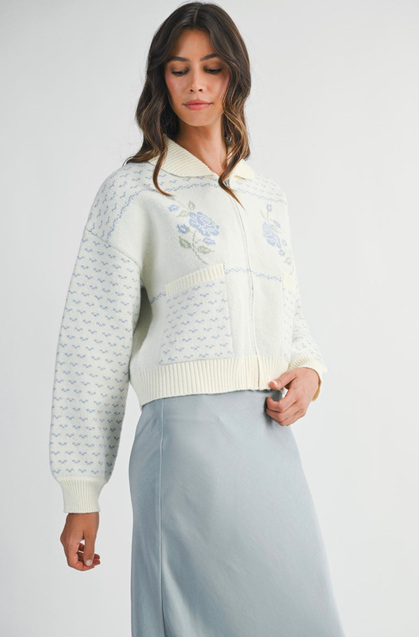 Eloise Jacquard Knit Zip Up Cardigan Jacket