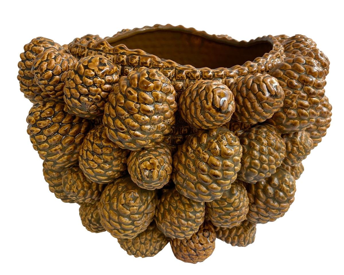 Large brown ceramic pinecone pot