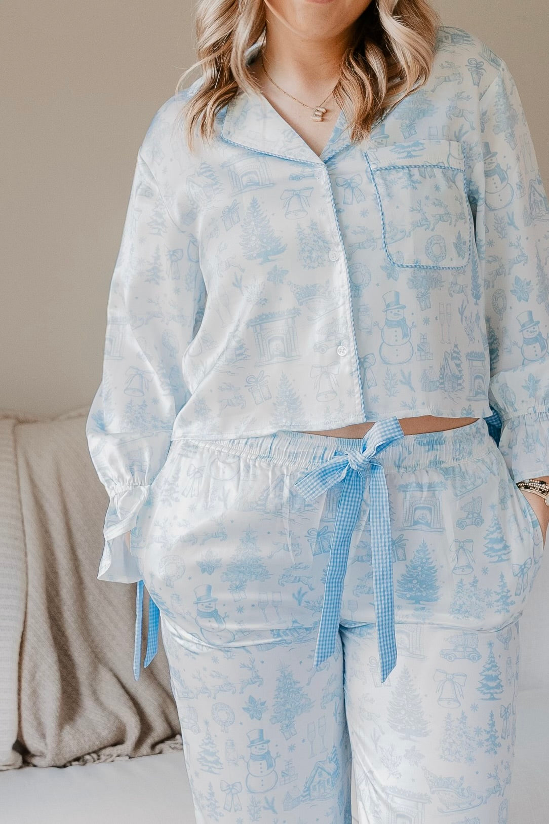 Christmas Toile Satin Pajama Set w/ Ribbon Detail