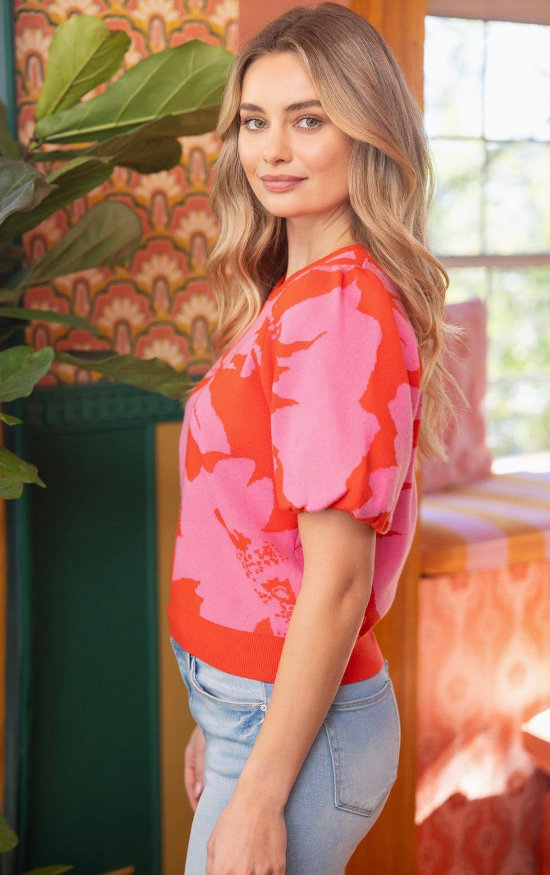 Aloha Floral Printed Bubble Sleeve Knitted Top - FINAL SALE 40% OFF IN CART