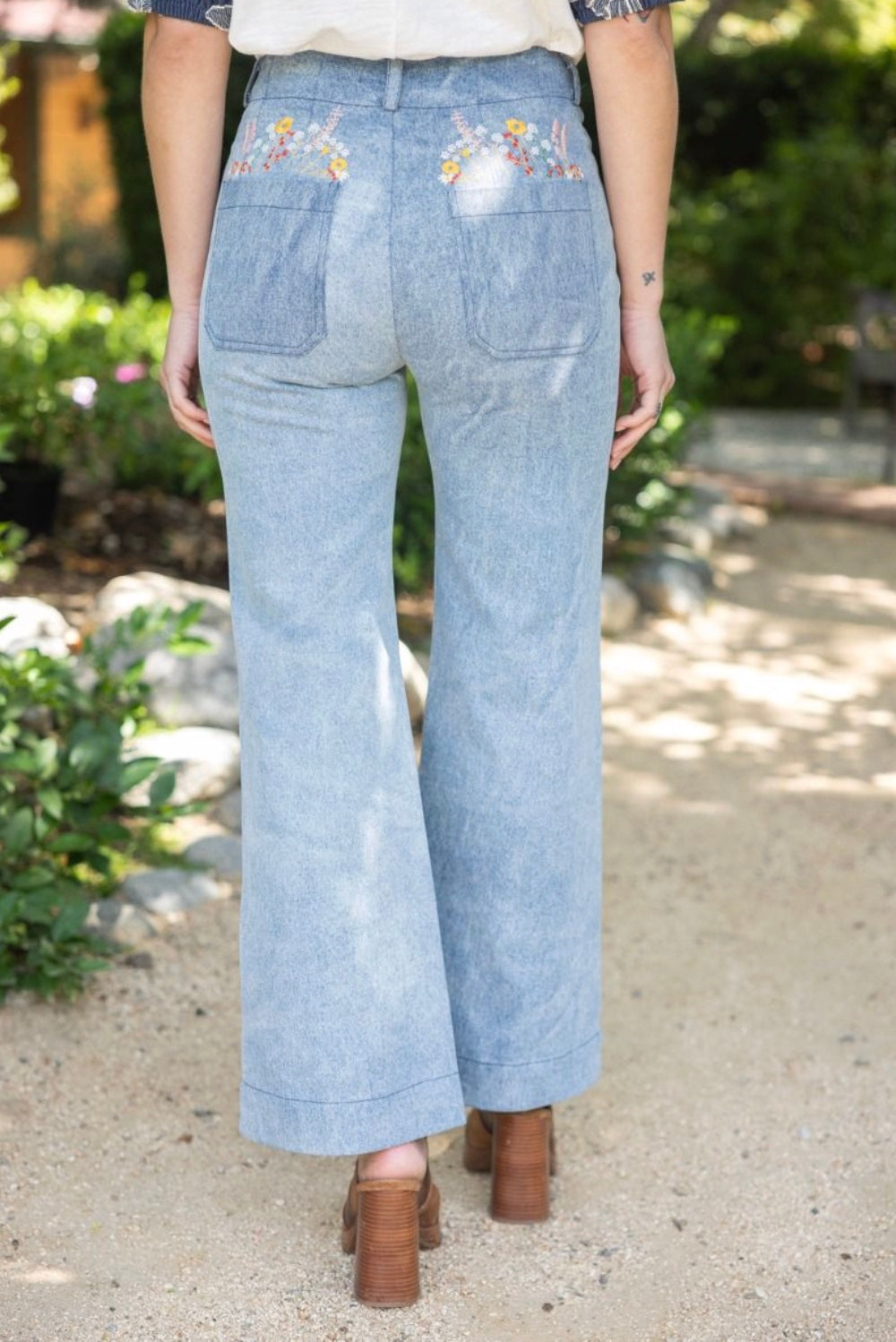 Floral Embroidered Washed Denim Wide Leg Pants