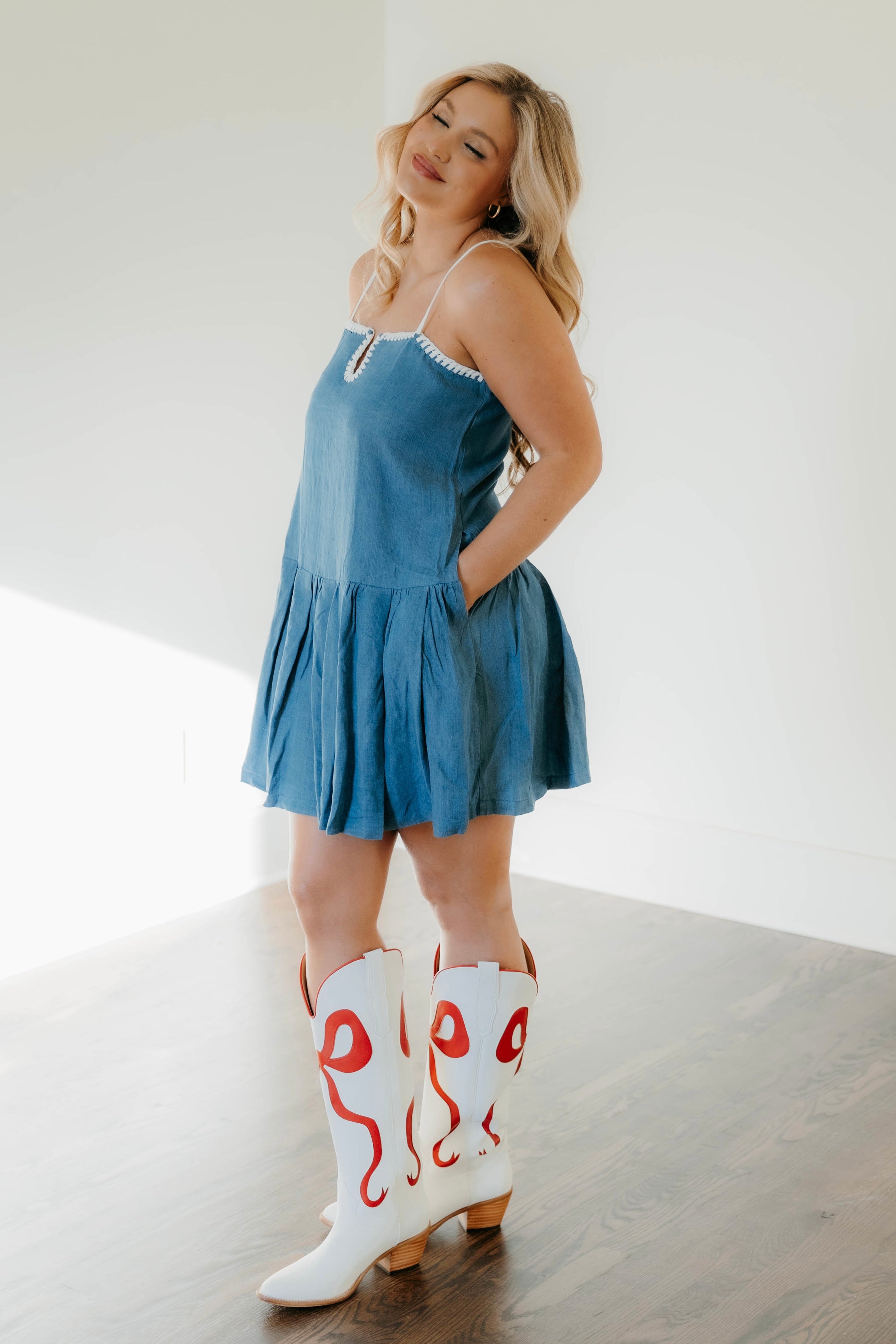 Lilyana Denim Contrasting Stitch Detail Dress - Final Sale 40% off in cart