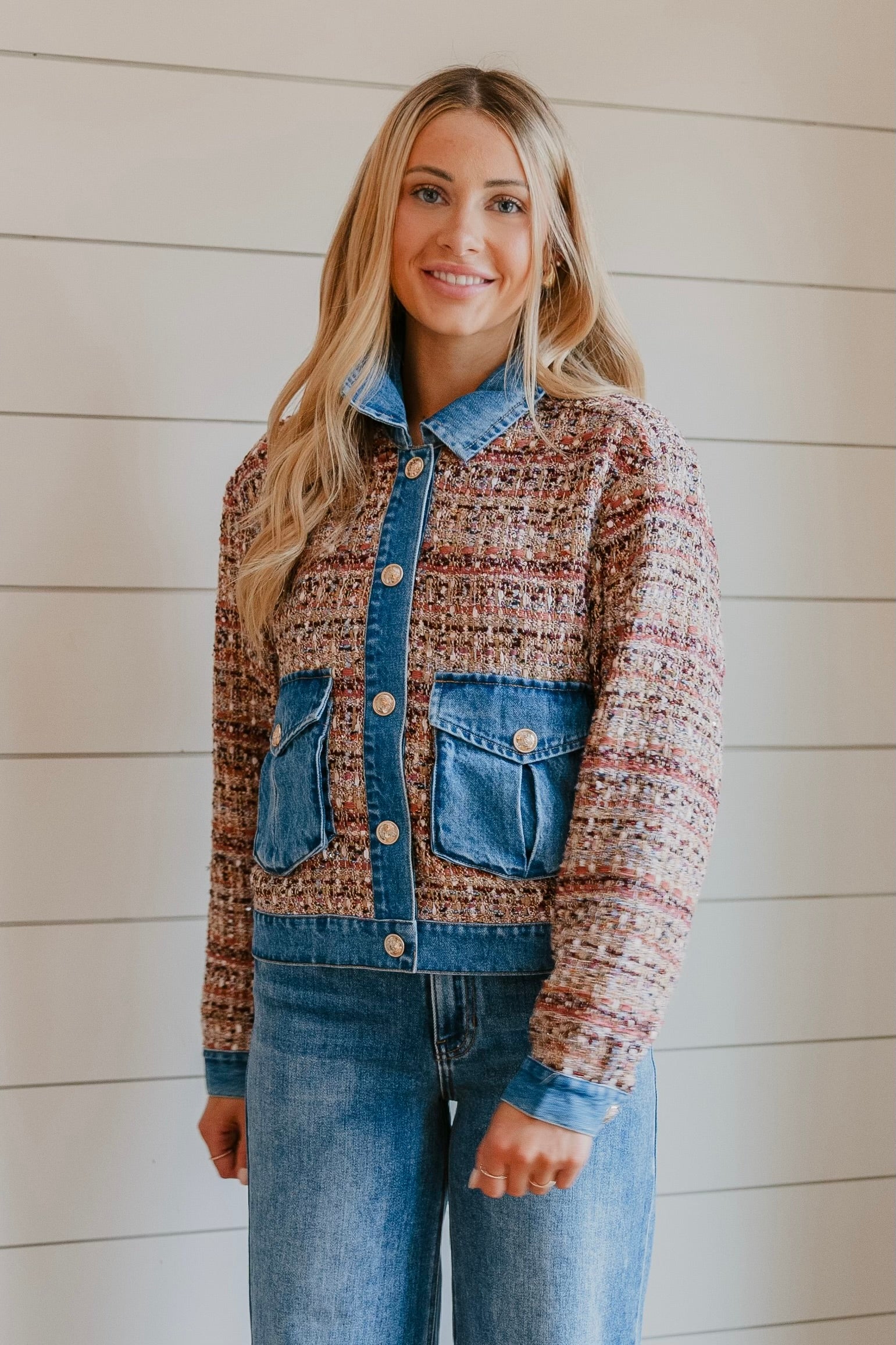 Tribal Mixed Media Plaid Jacket With Denim Inserts