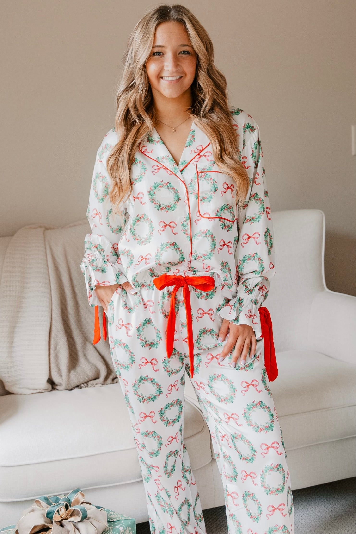 Christmas Wreaths Satin Pajama Set w/ Ribbon Detail