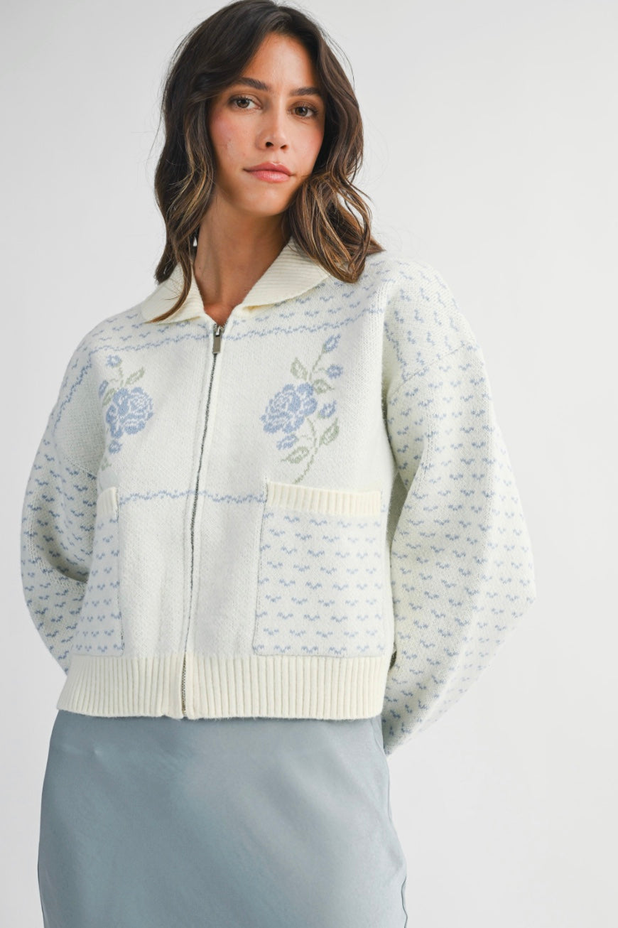Eloise Jacquard Knit Zip Up Cardigan Jacket