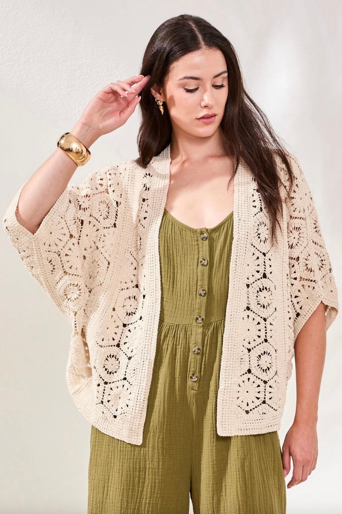 Tribal Embroidered Crochet 3/4 Sleeve Cardigan