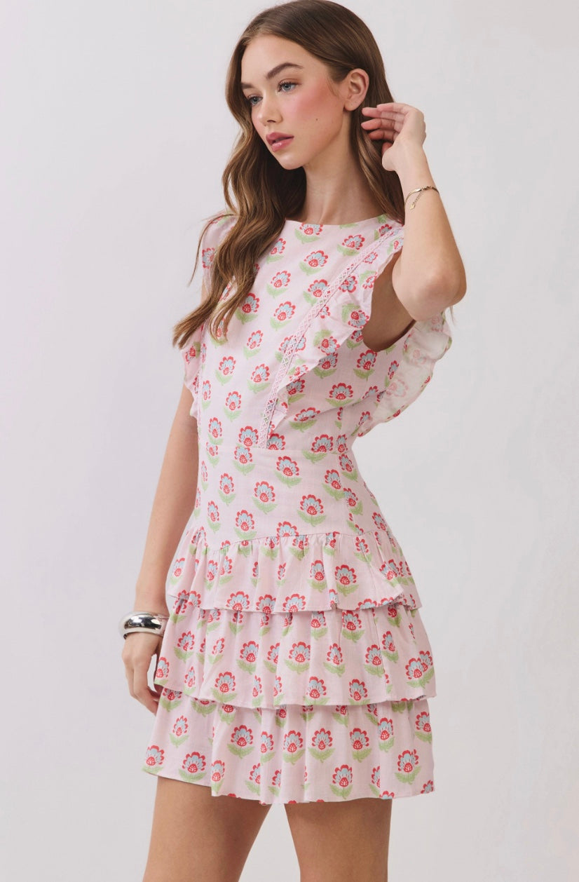 Hannah Floral Lace Trim Ruffle Tiered Mini Dress