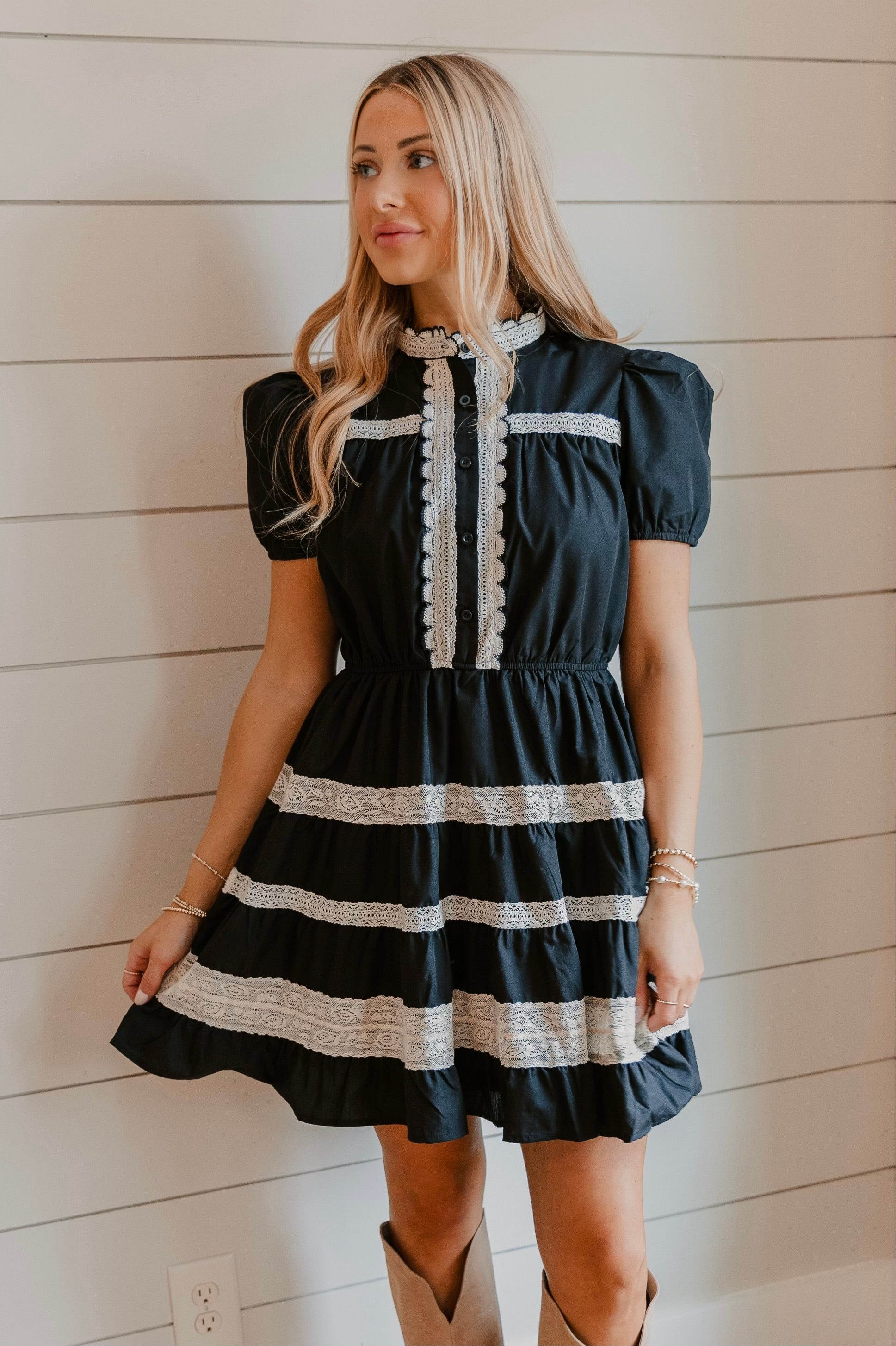 Emiliana Lace Detail Button Down Mini Dress