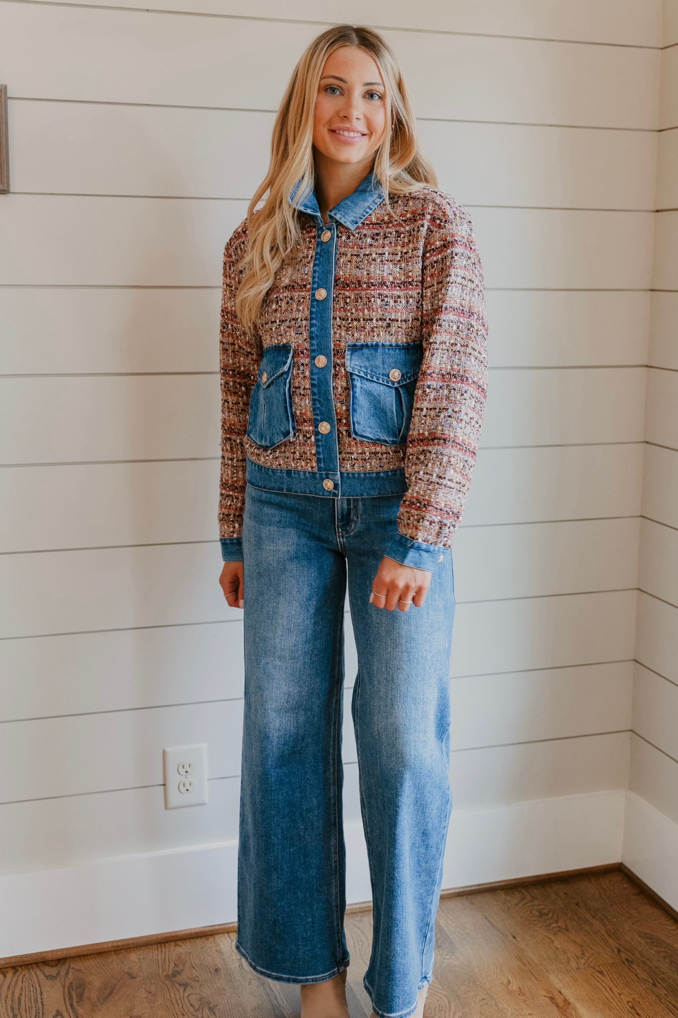 Tribal Mixed Media Plaid Jacket With Denim Inserts