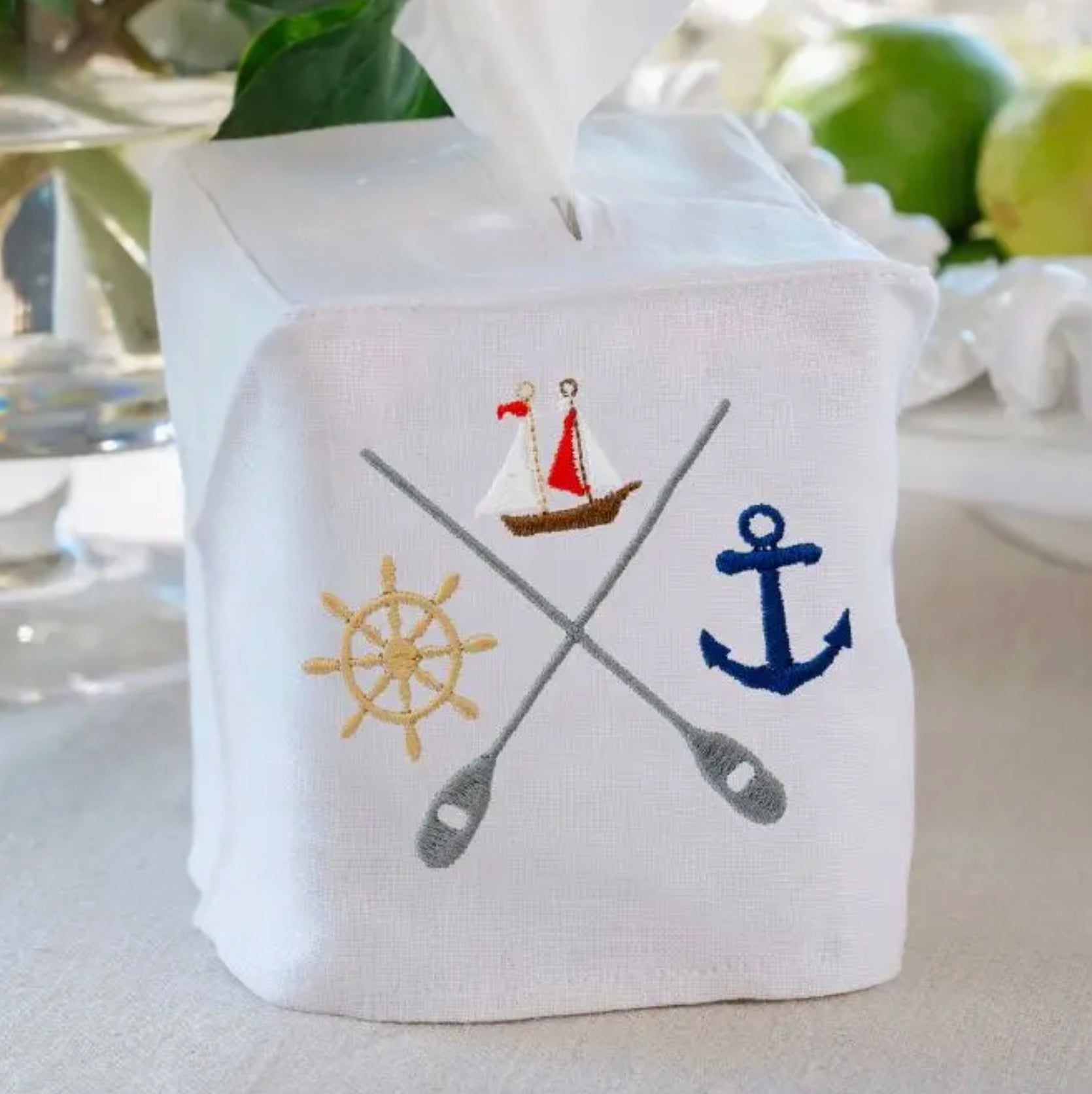 Nautical Crest White Linen Tissue Box Cover