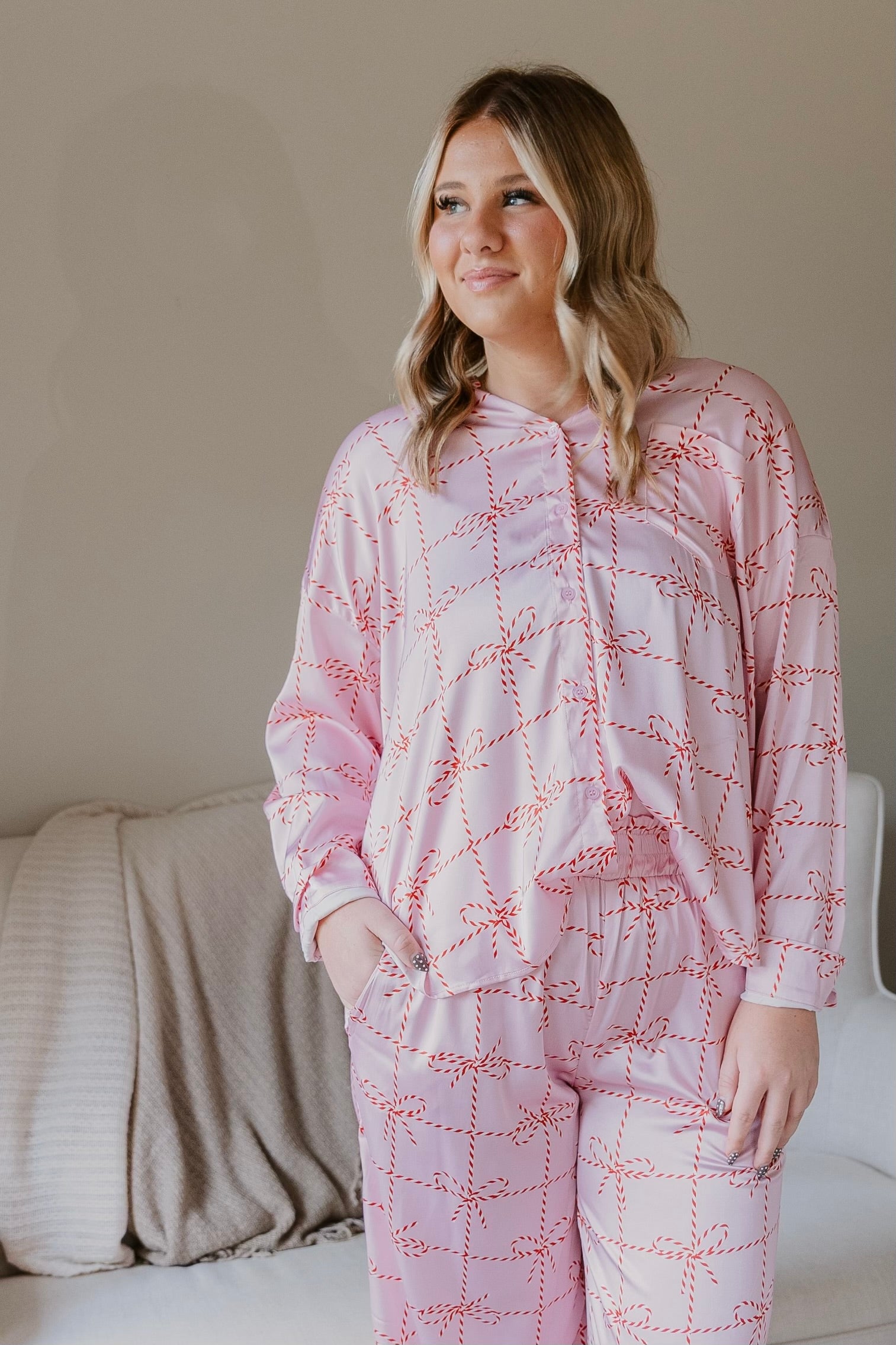 Festive Christmas Bow Satin Pajama Set