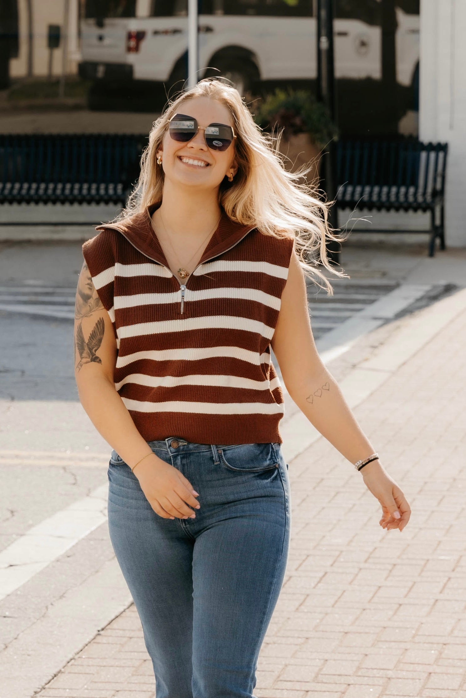 Mariam Striped Zip Up Sweater Tank