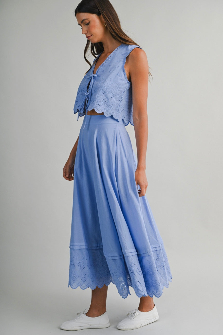 Delaney Eyelet Embroidered Crop Top And Midi Skirt Set
