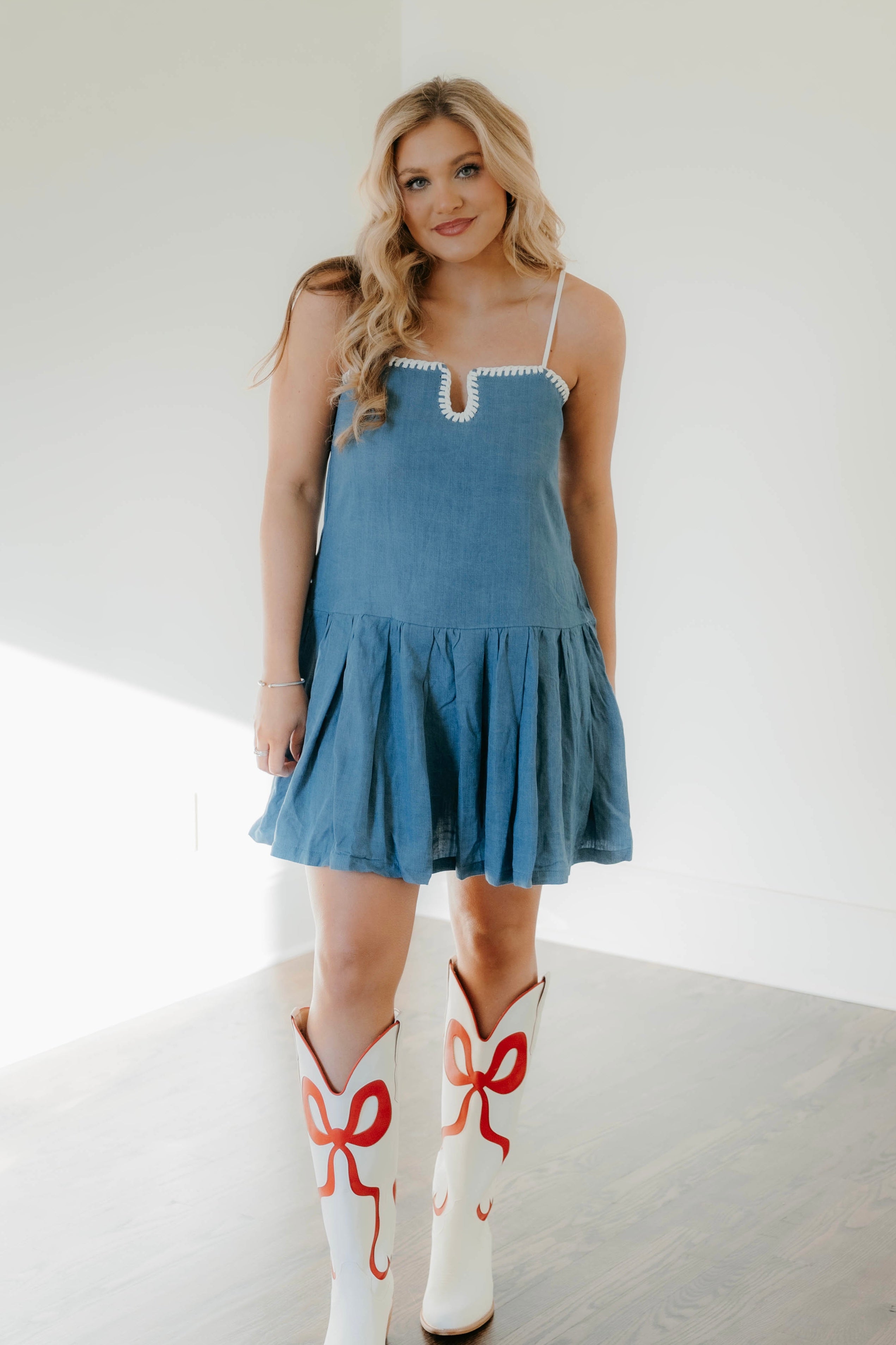 Lilyana Denim Contrasting Stitch Detail Dress - Final Sale 40% off in cart