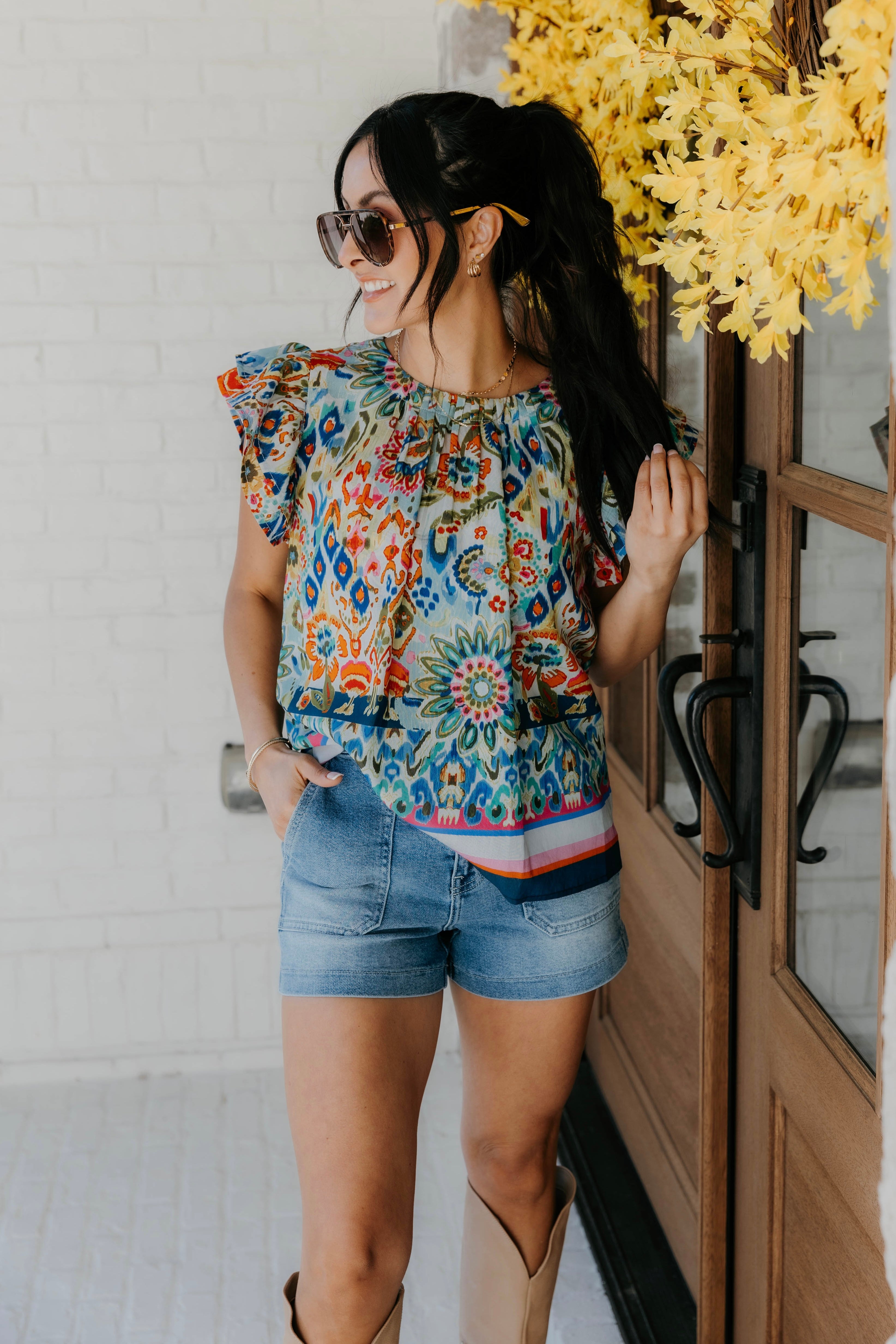 Elora Flutter Sleeve Floral Print Top