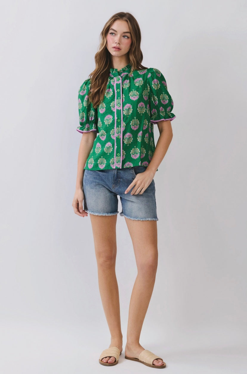 Amy Floral Block Ruffle Puff Sleeve Top