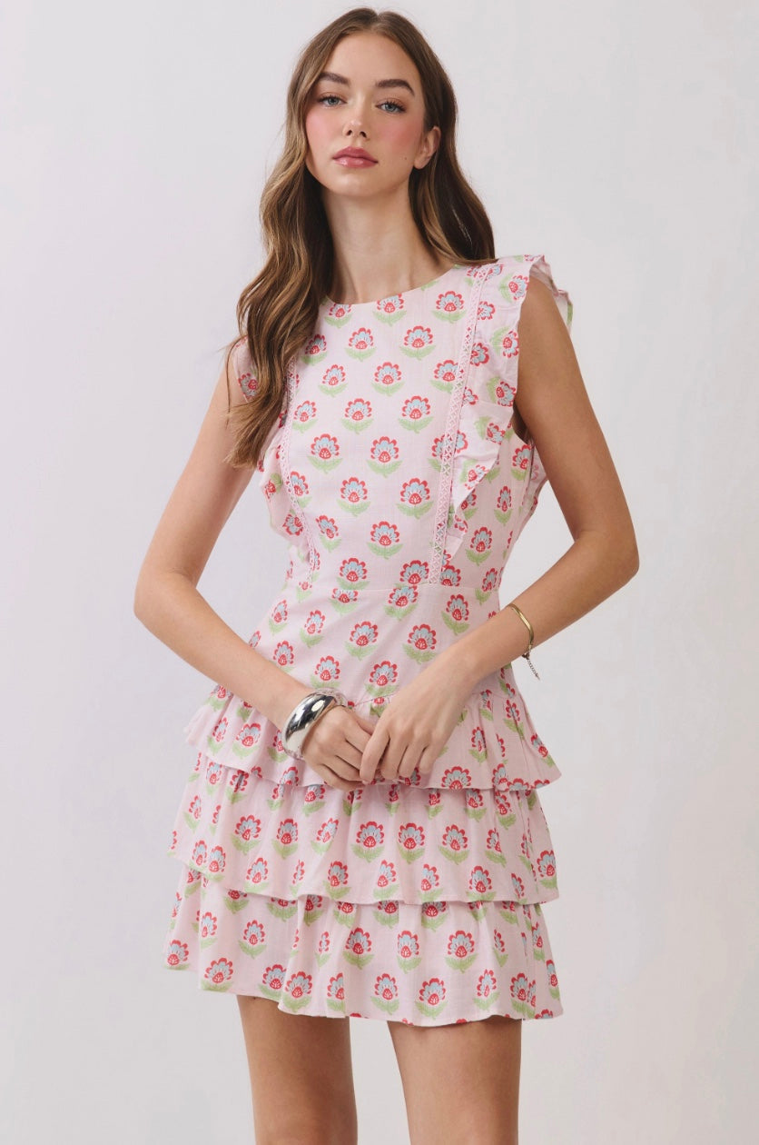 Hannah Floral Lace Trim Ruffle Tiered Mini Dress