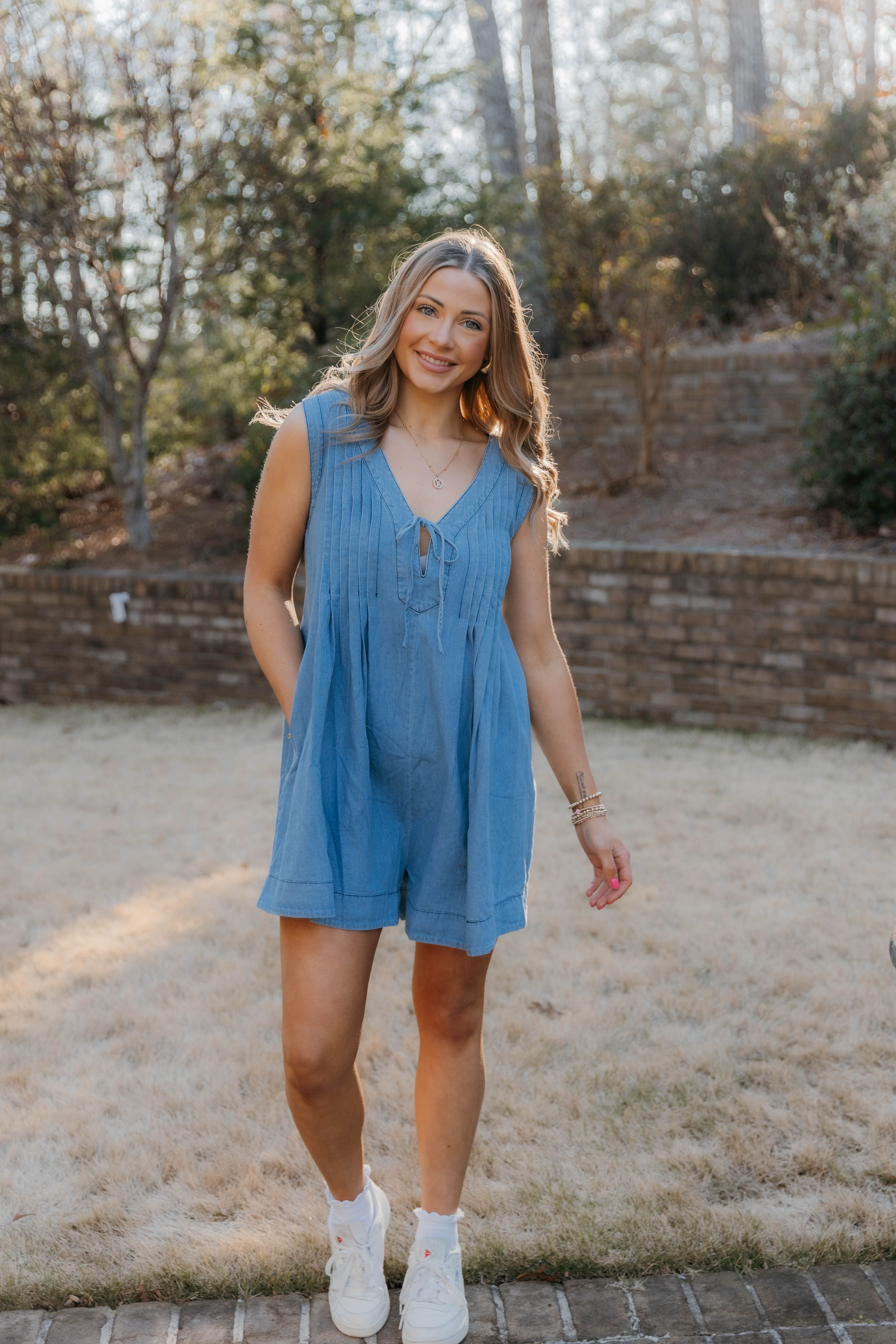 Olive Sleeveless Denim Pleated Romper - Final Sale 40% off in cart