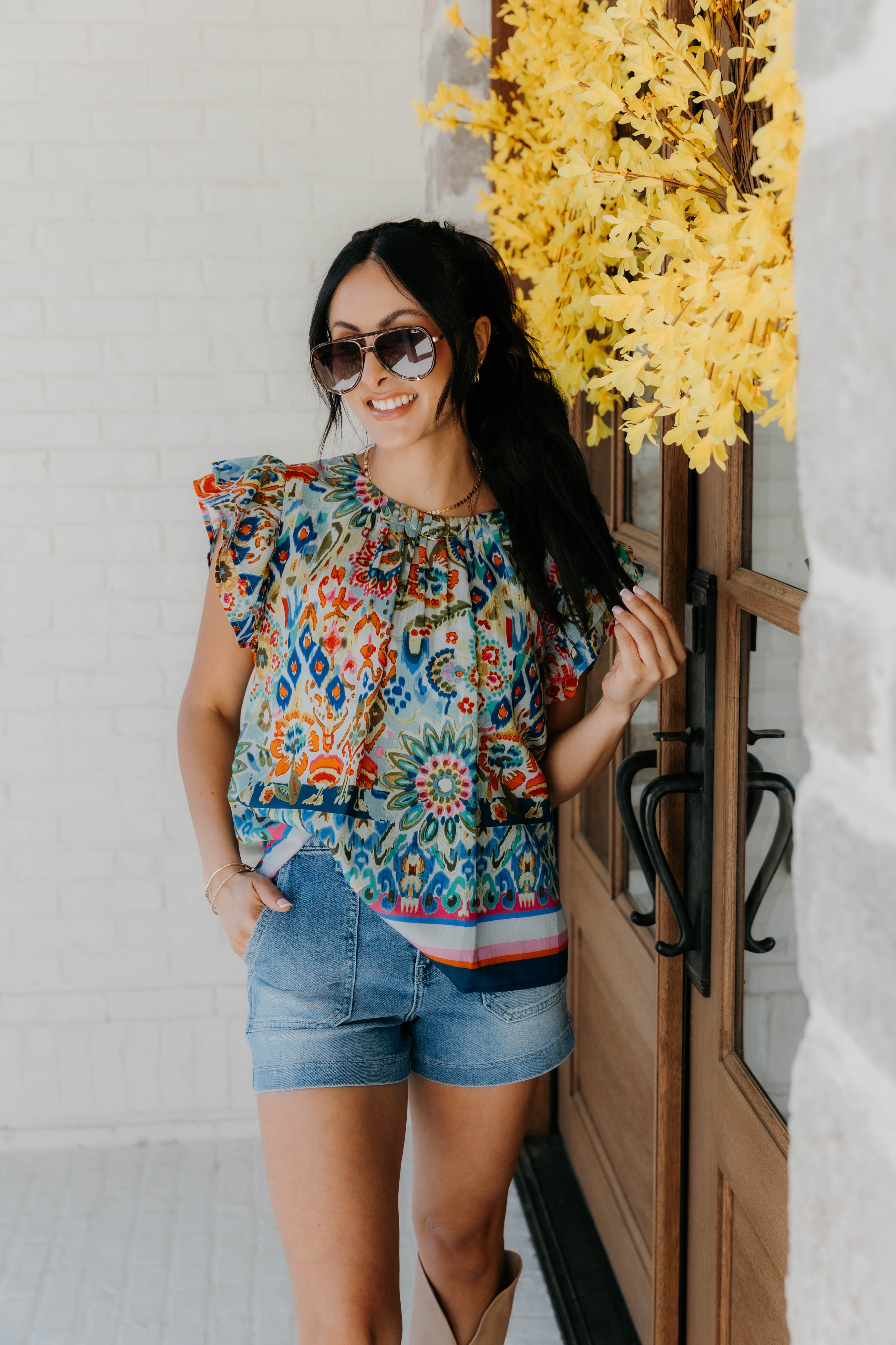 Elora Flutter Sleeve Floral Print Top