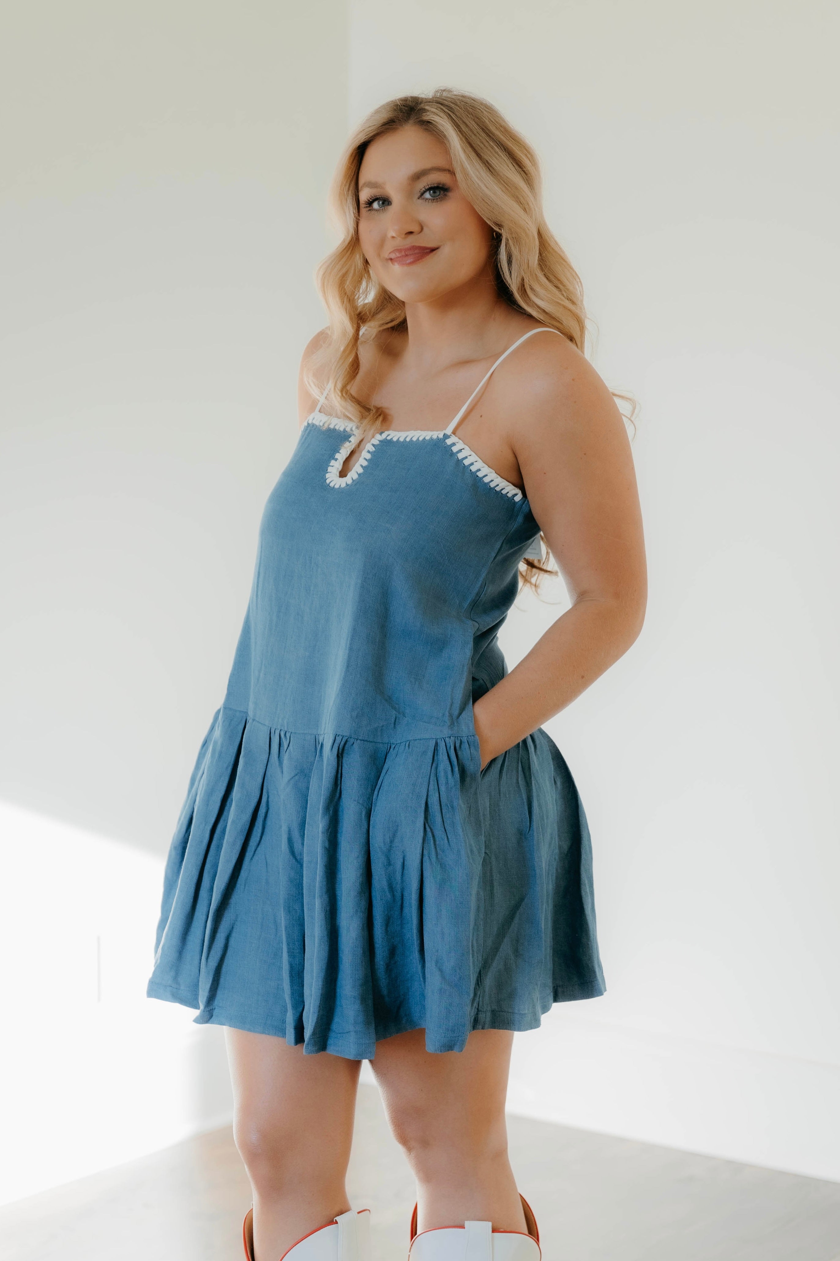 Lilyana Denim Contrasting Stitch Detail Dress - Final Sale 40% off in cart
